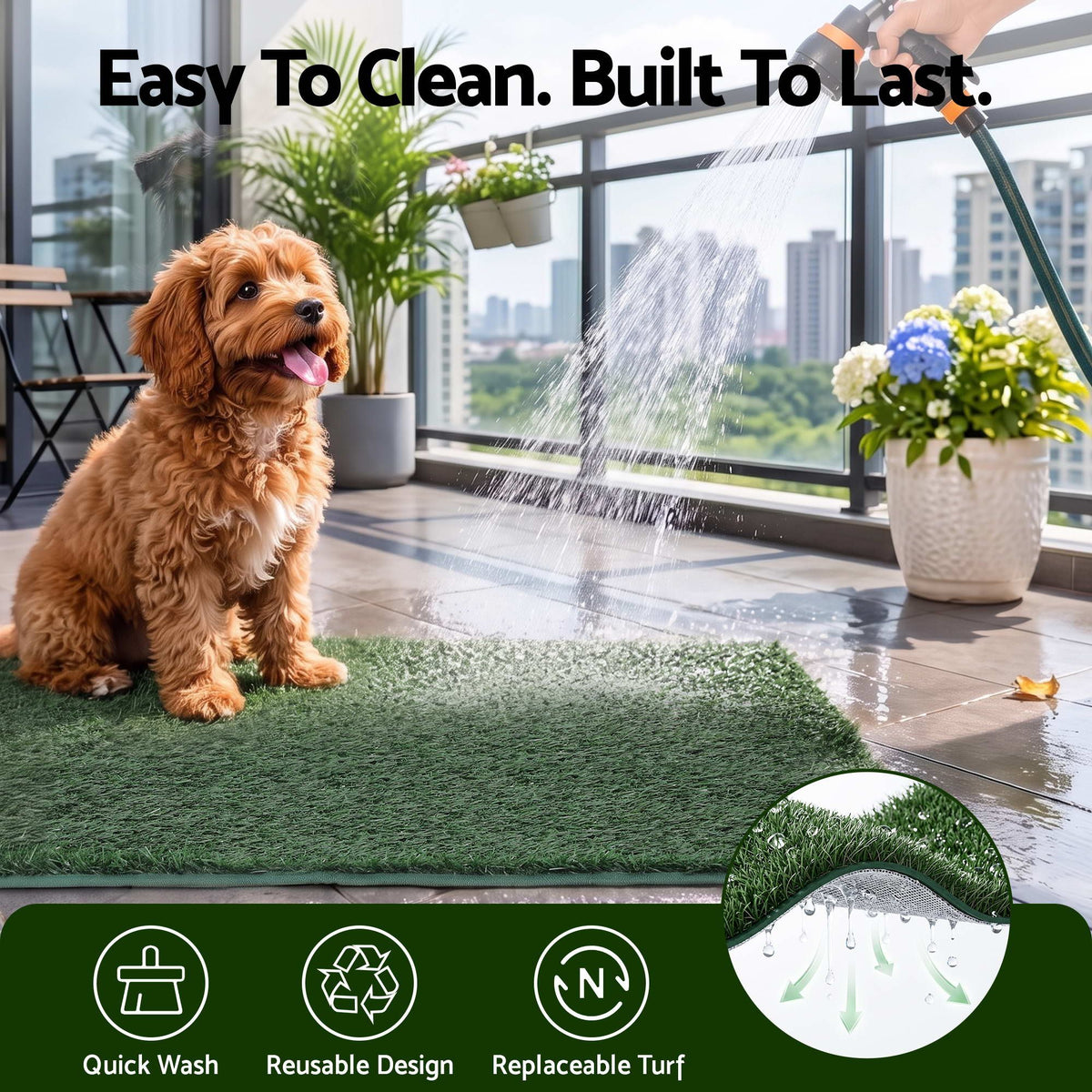 Prime Turf Foldable Dog Grass Potty Pad High Wall Tray for Apartment Balcony RV travel