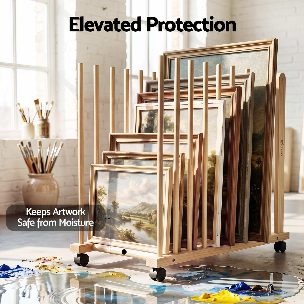 Artiss Art Drying & Storage Rack with Caster Wheels, Solid Wood Adjustable Slots Rack for Drawing Boards, Panels, Paintings, Artworks Display