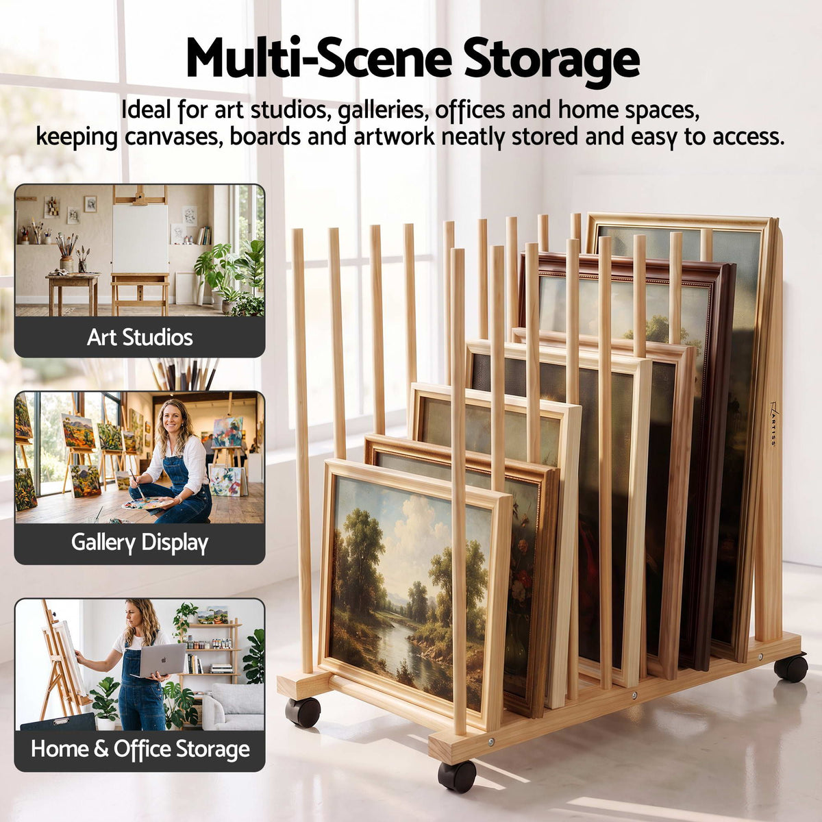 Artiss Art Drying & Storage Rack with Caster Wheels, Solid Wood Adjustable Slots Rack for Drawing Boards, Panels, Paintings, Artworks Display