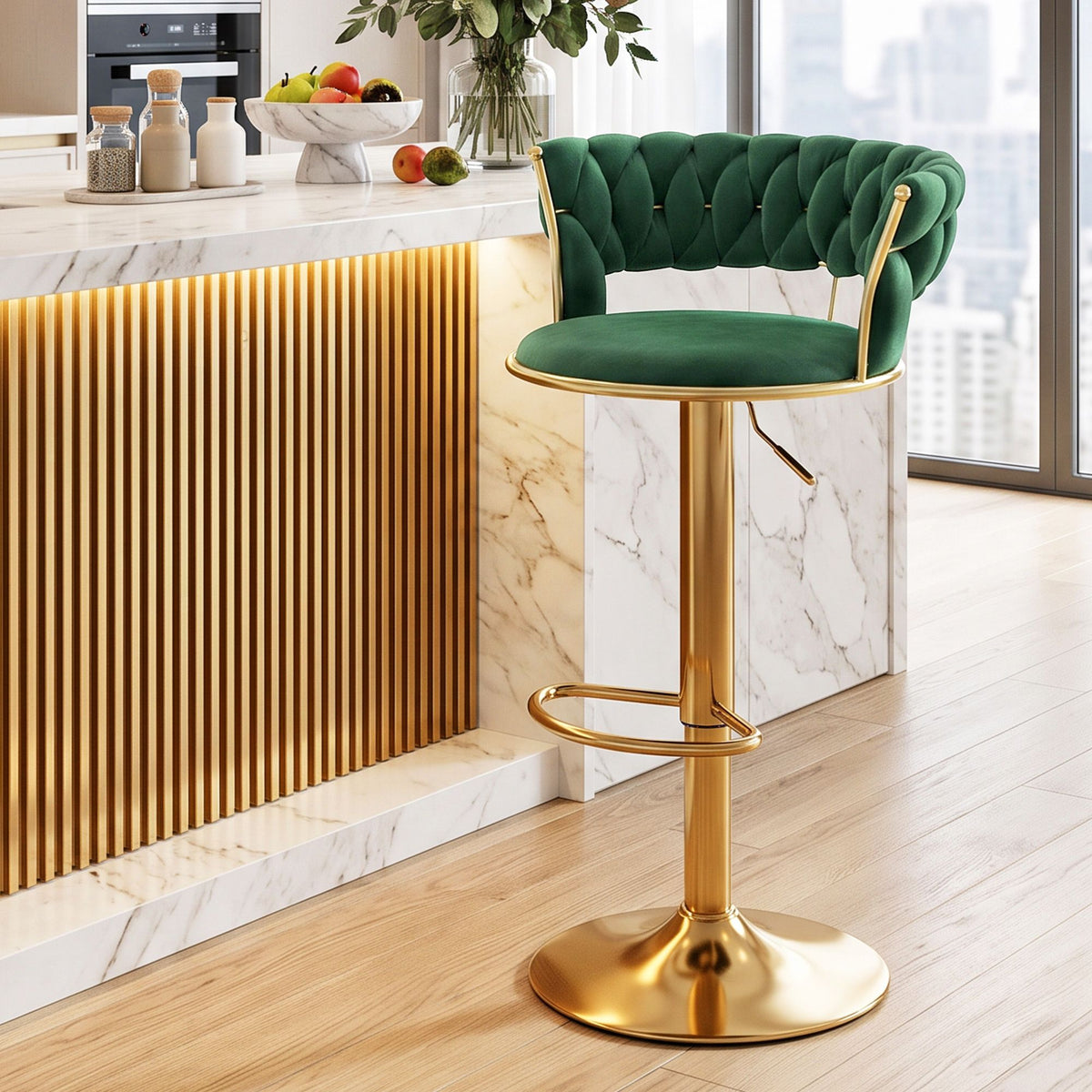 Artiss Bar Stool X1 Gas Lift Adjustable Velvet Woven Backrest Vivien Green