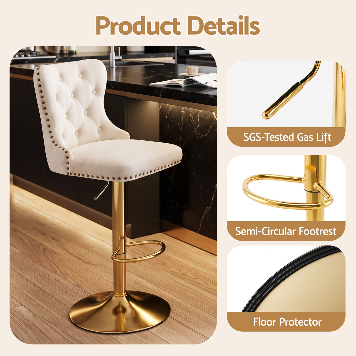 Artiss 1x Bar Stool Counter Chair Kitchen Adjustable Nailhead Trim Velvet Ivory