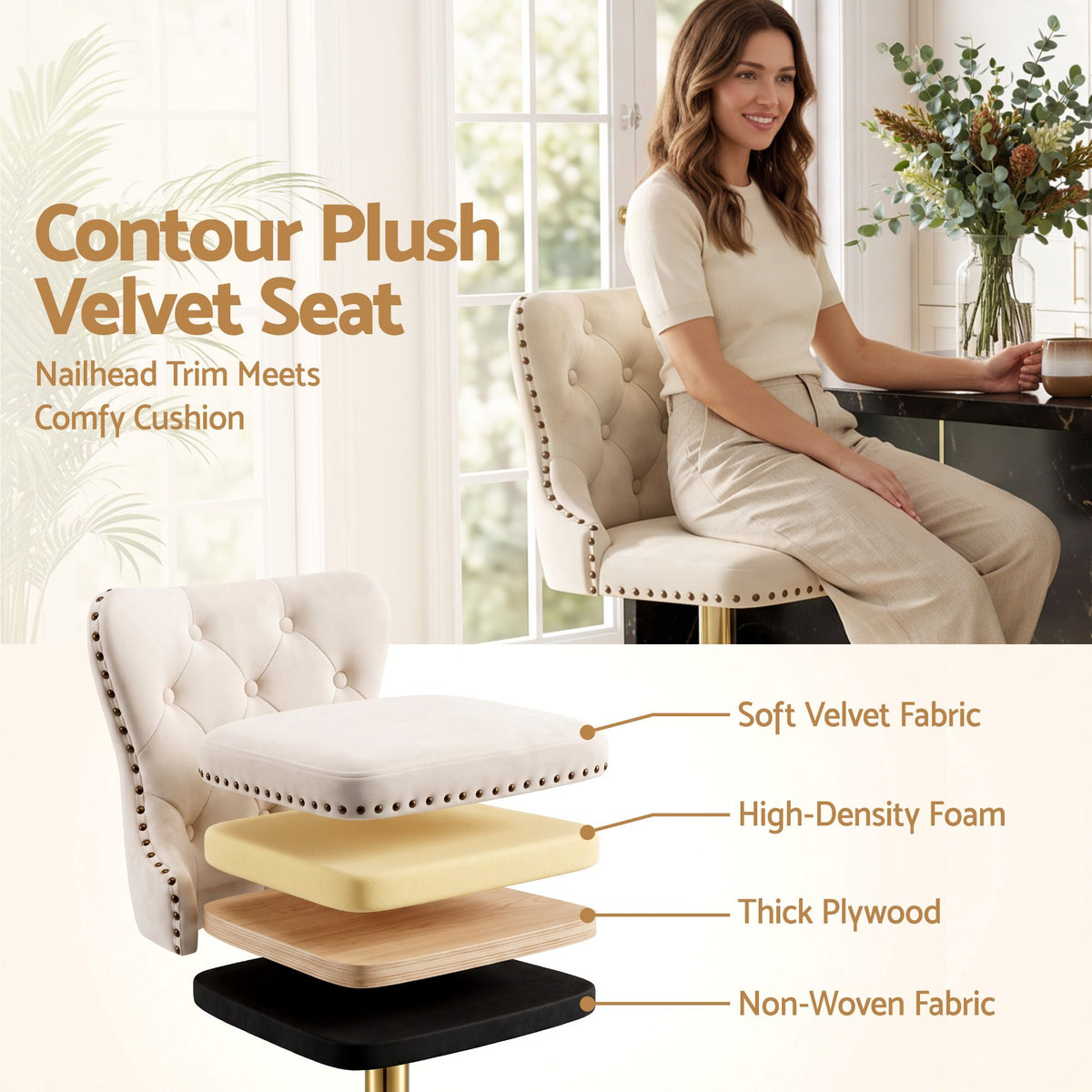 Artiss 2x Bar Stools Counter Chair Kitchen Adjustable Nailhead Trim Velvet Ivory