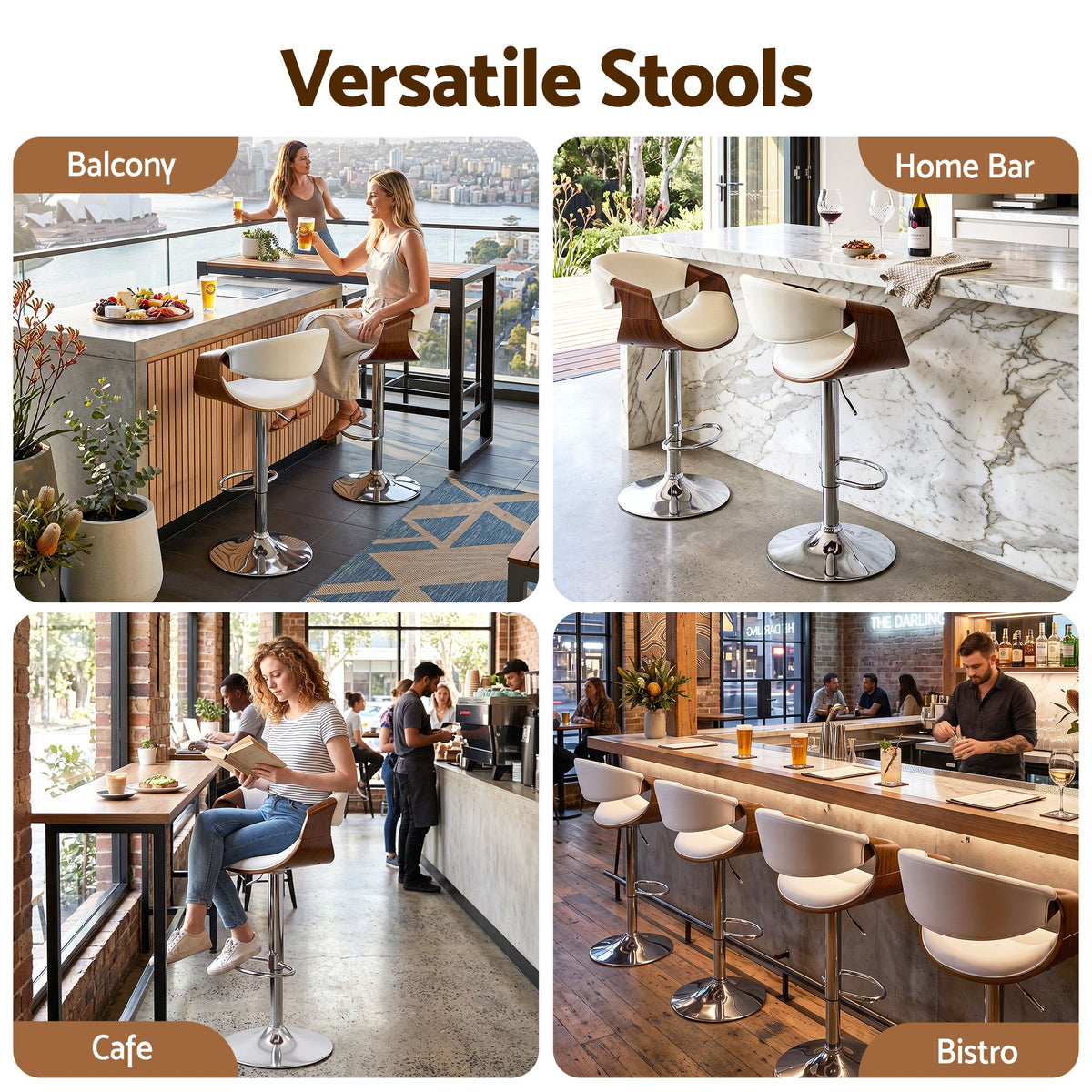 Artiss 2x Bar Stools Counter Chair Ambrus Swivel Adjustable Bentwood PU White