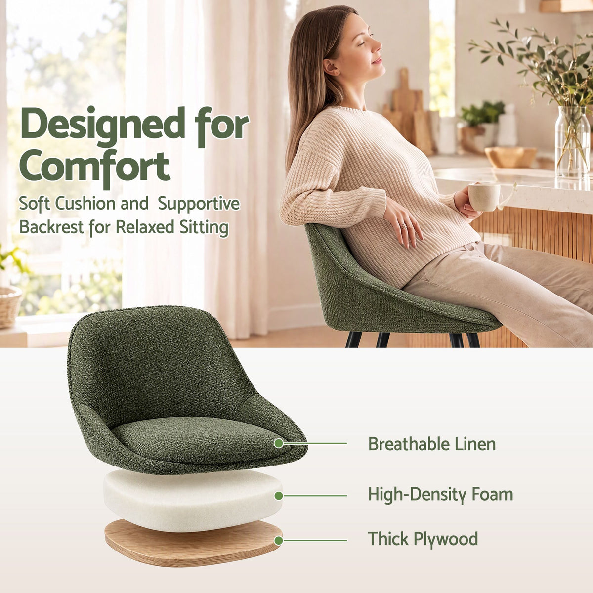 Artiss Bar Stools Set of 4 Linen Upholstered Counter Chairs with Back Padded Seat Green