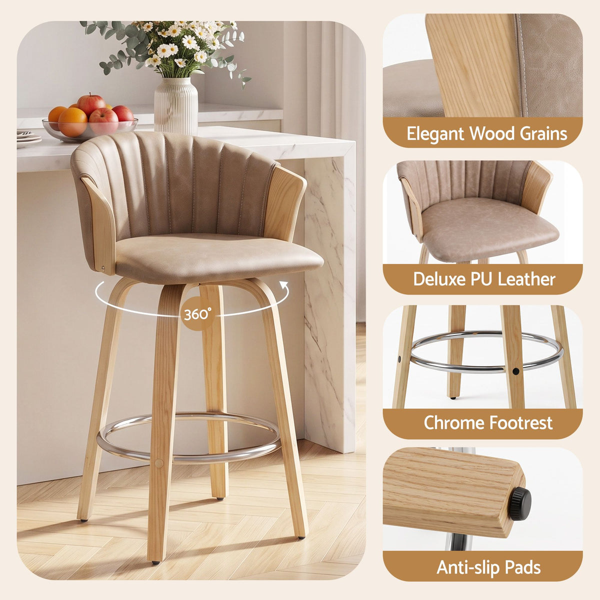 Artiss Wooden Bar Stools Set of 4 Swivel Kitchen Counter Stools Chair 66cm Khaki