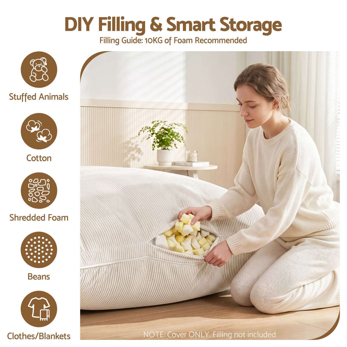 Artiss 3 in 1 Bean Bag Chair Cover (No Filler) Convertible Bean Bag for Adults, Corduroy Stuffed Animal Storage Bean Bag Cover Washable for Living Room Bedroom, Beige