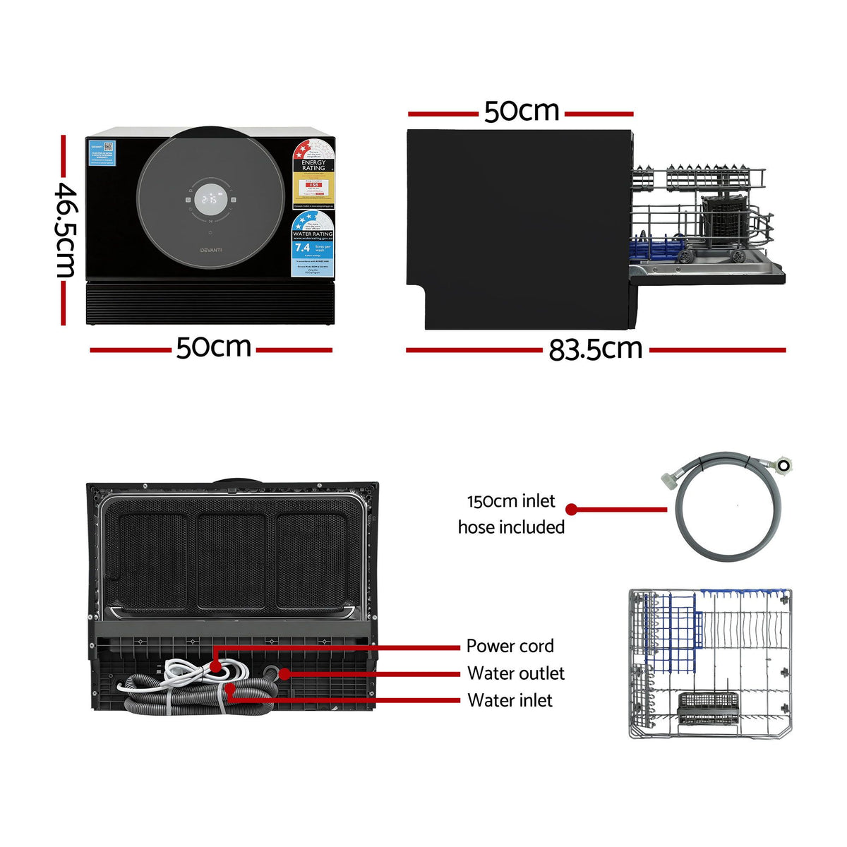 Devanti 6-Place Setting Benchtop Dishwasher 50cm Black