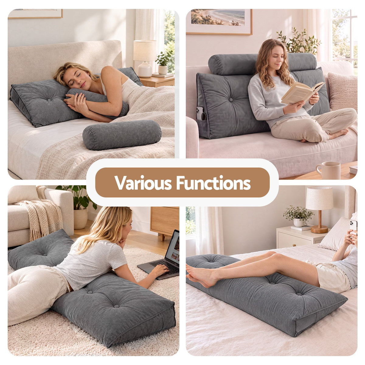 Artiss Headboard Pillow Double Wedge Backrest Triangular with 2 Cushions Grey