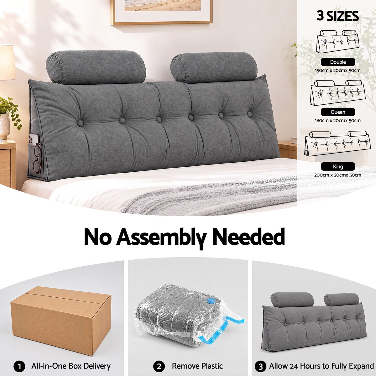 Artiss Headboard Pillow Queen Wedge Backrest Triangular with 2 Cushions Grey