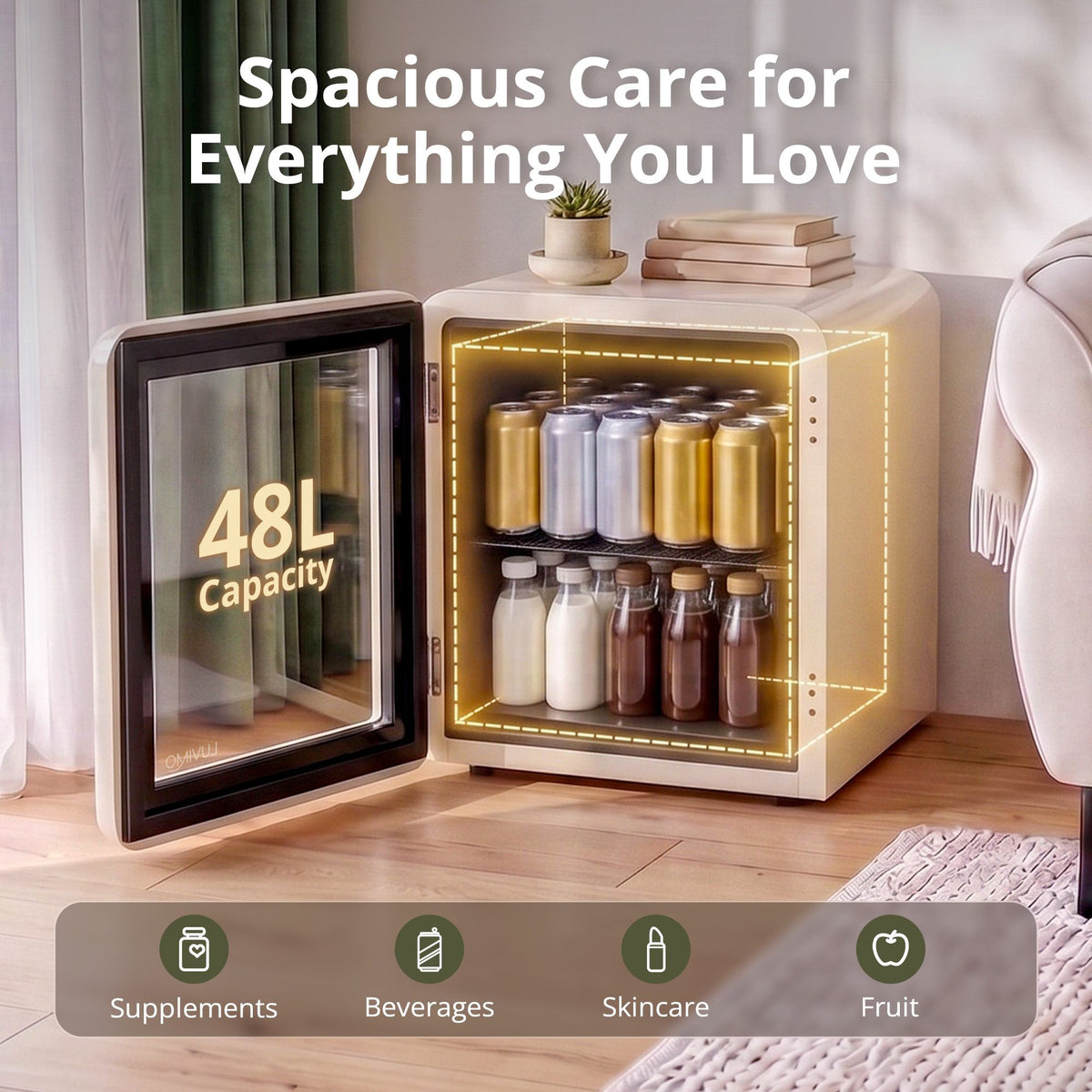 LUVIMO 48L Bar Fridge Mini Refrigerator Glass Door Aesthetics Cooler