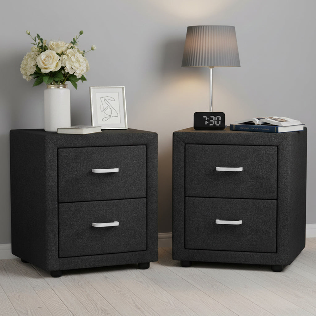 Artiss 2X Bedside Table 2 Drawers Fabric - CADEN Charcoal