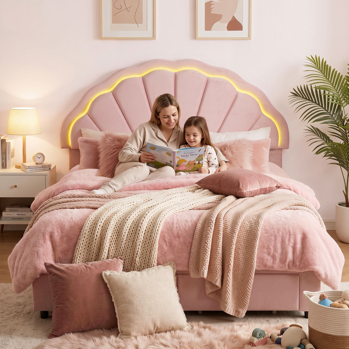 Artiss Double Bed Frame with 2 Storage Drawers Upholstered Velvet Platform Bed LED Headboard Pink