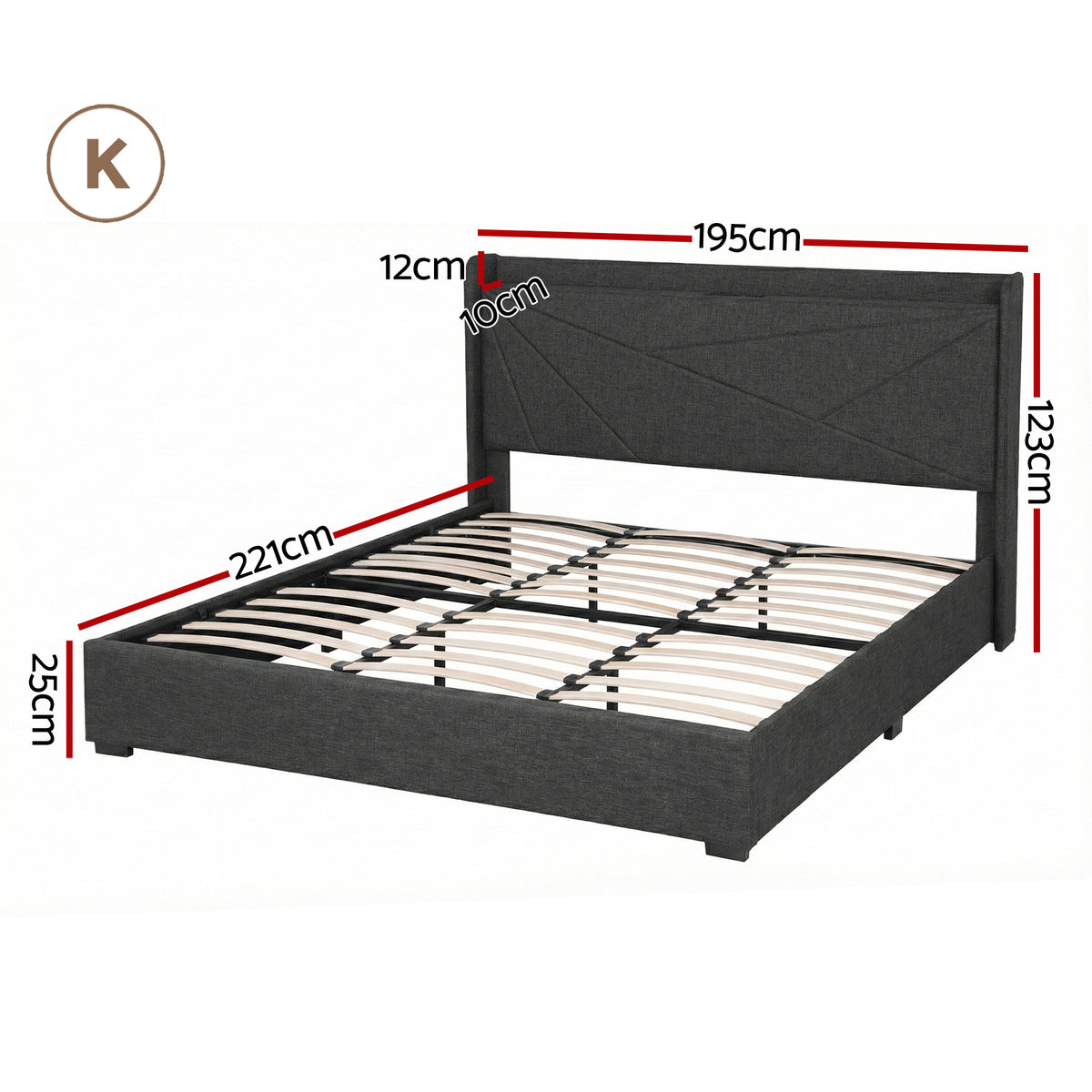 Artiss King Bed Frame Gas Lift Storage Bed with Charging Ports Upholstered Geometric Headboard Charcoal Grey