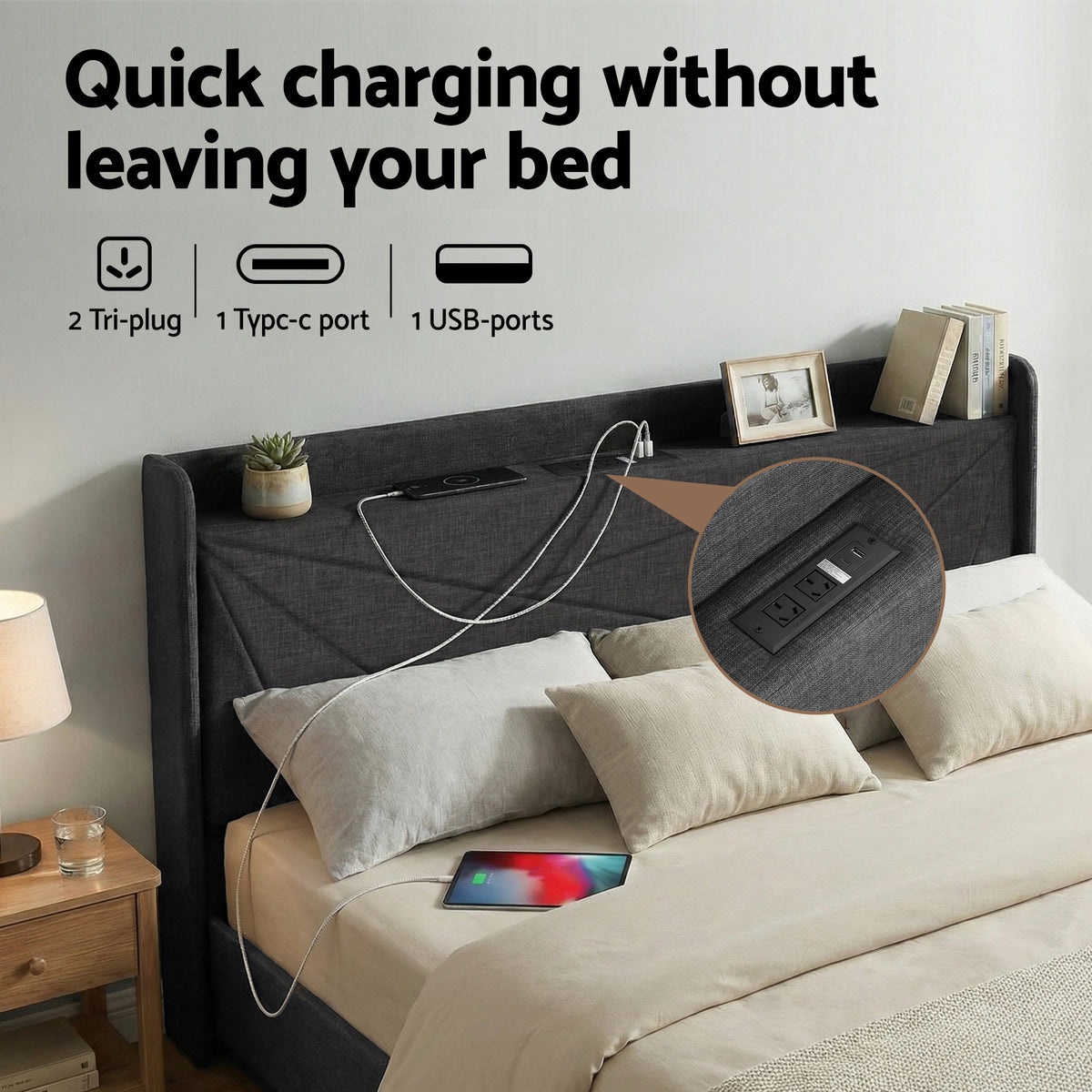 Artiss King Bed Frame Gas Lift Storage Bed with Charging Ports Upholstered Geometric Headboard Charcoal Grey