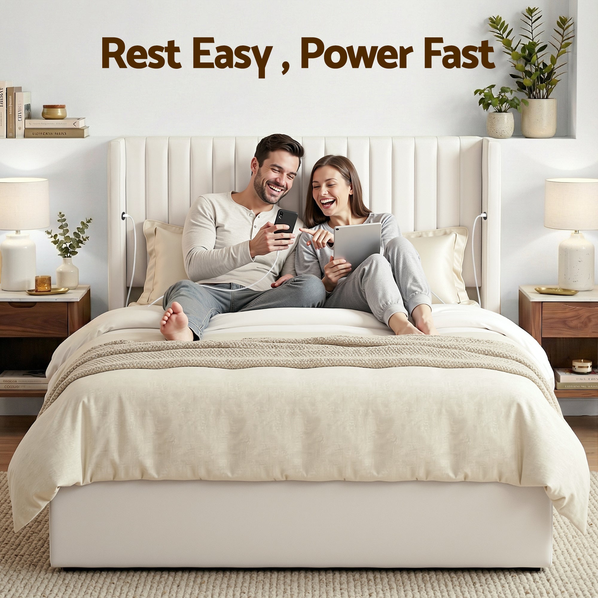 Artiss Double Bed Frame with Gaslift Storage USB Type-C Charging Ports Velvet Upholstery White