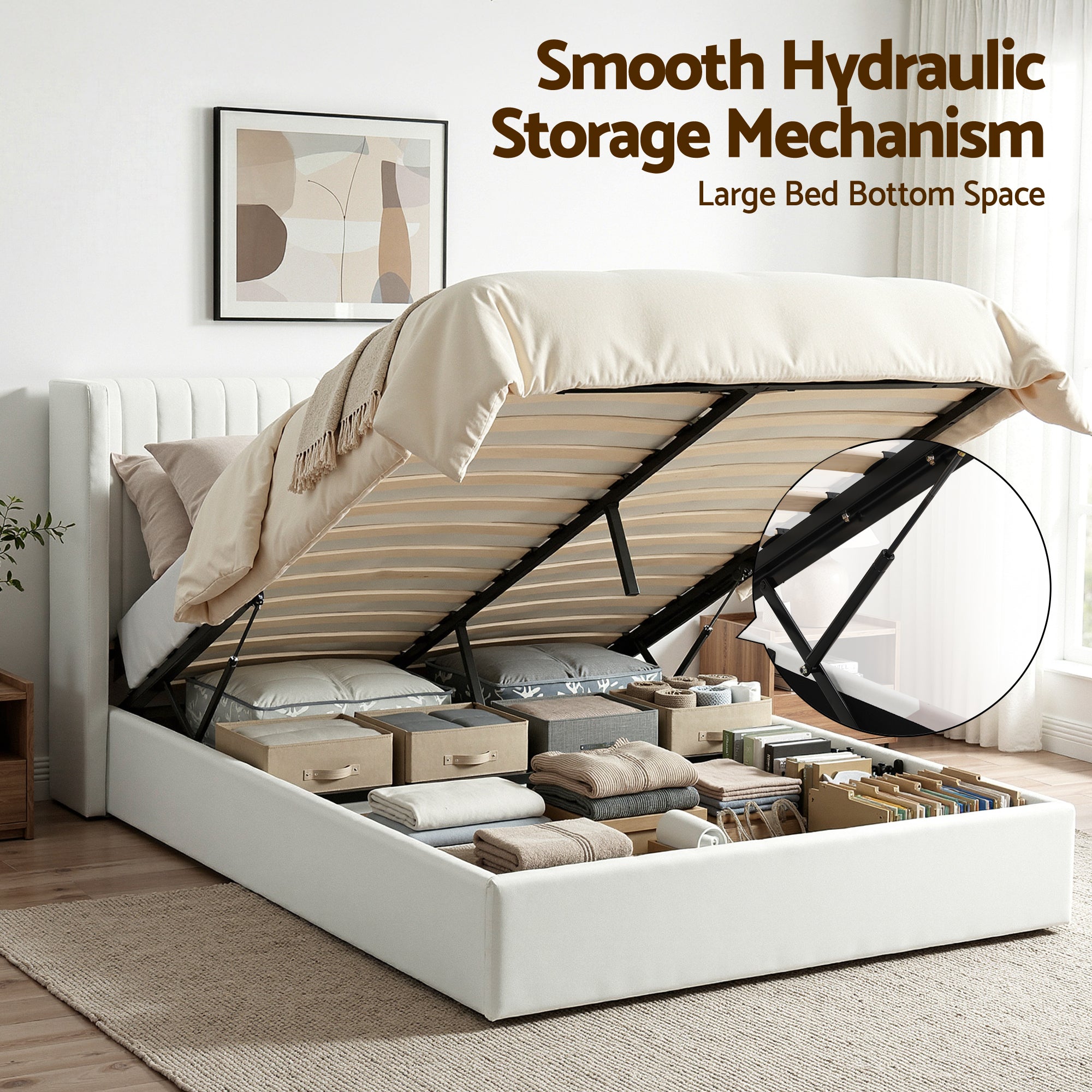 Artiss Double Bed Frame with Gaslift Storage USB Type-C Charging Ports Velvet Upholstery White