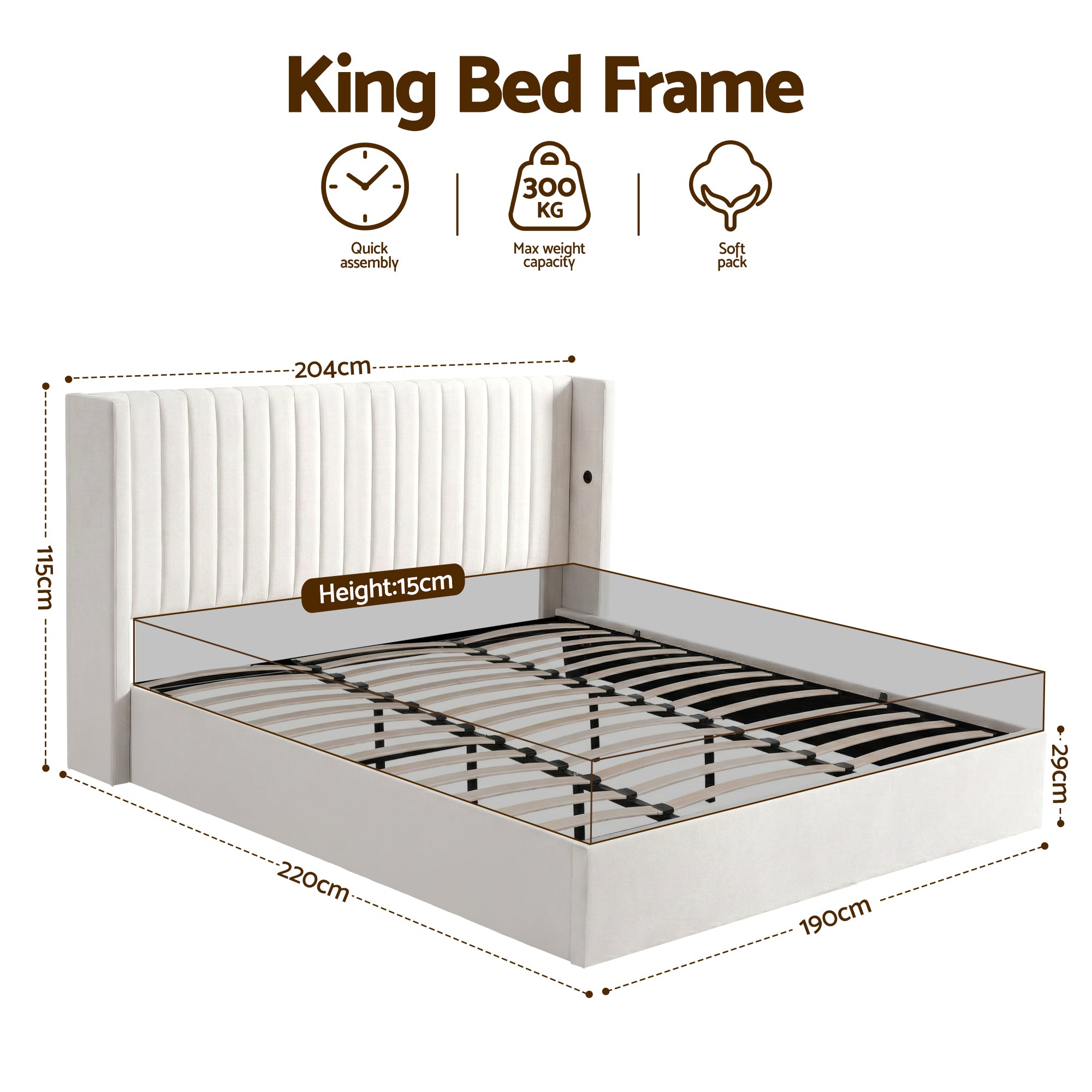 Artiss King Bed Frame with Gaslift Storage USB Type-C Charging Ports Velvet Upholstery White