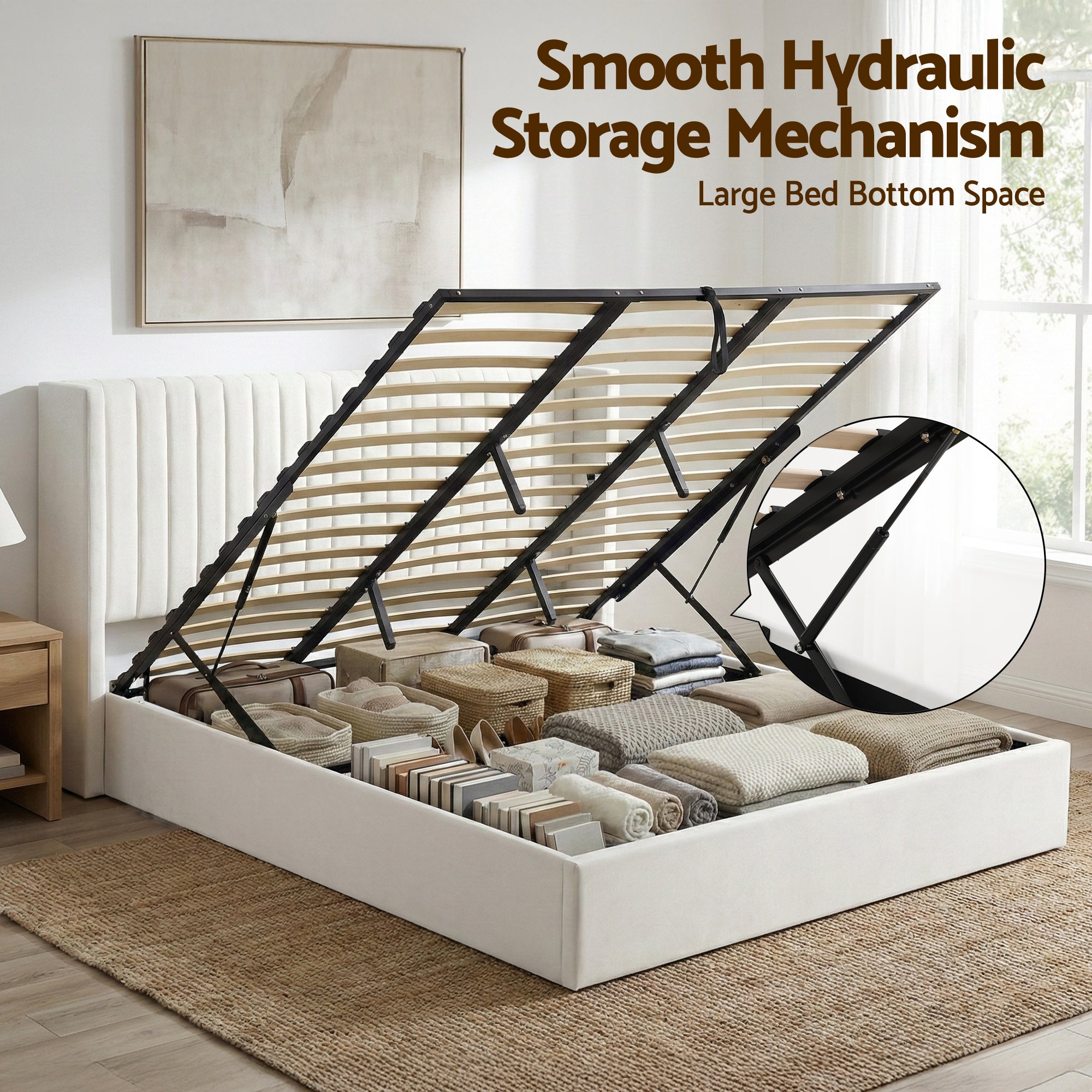 Artiss King Bed Frame with Gaslift Storage USB Type-C Charging Ports Velvet Upholstery White