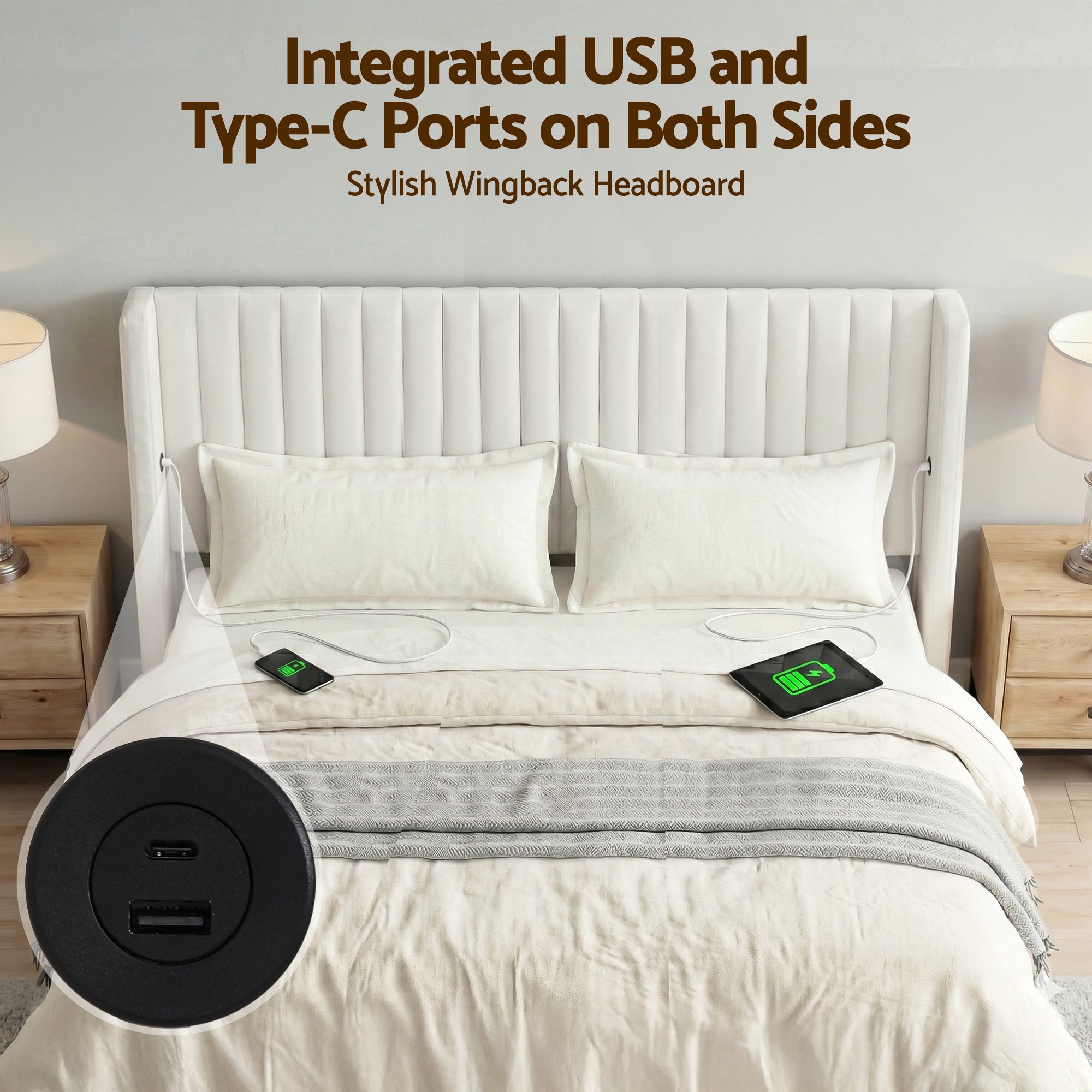 Artiss King Bed Frame with Gaslift Storage USB Type-C Charging Ports Velvet Upholstery White