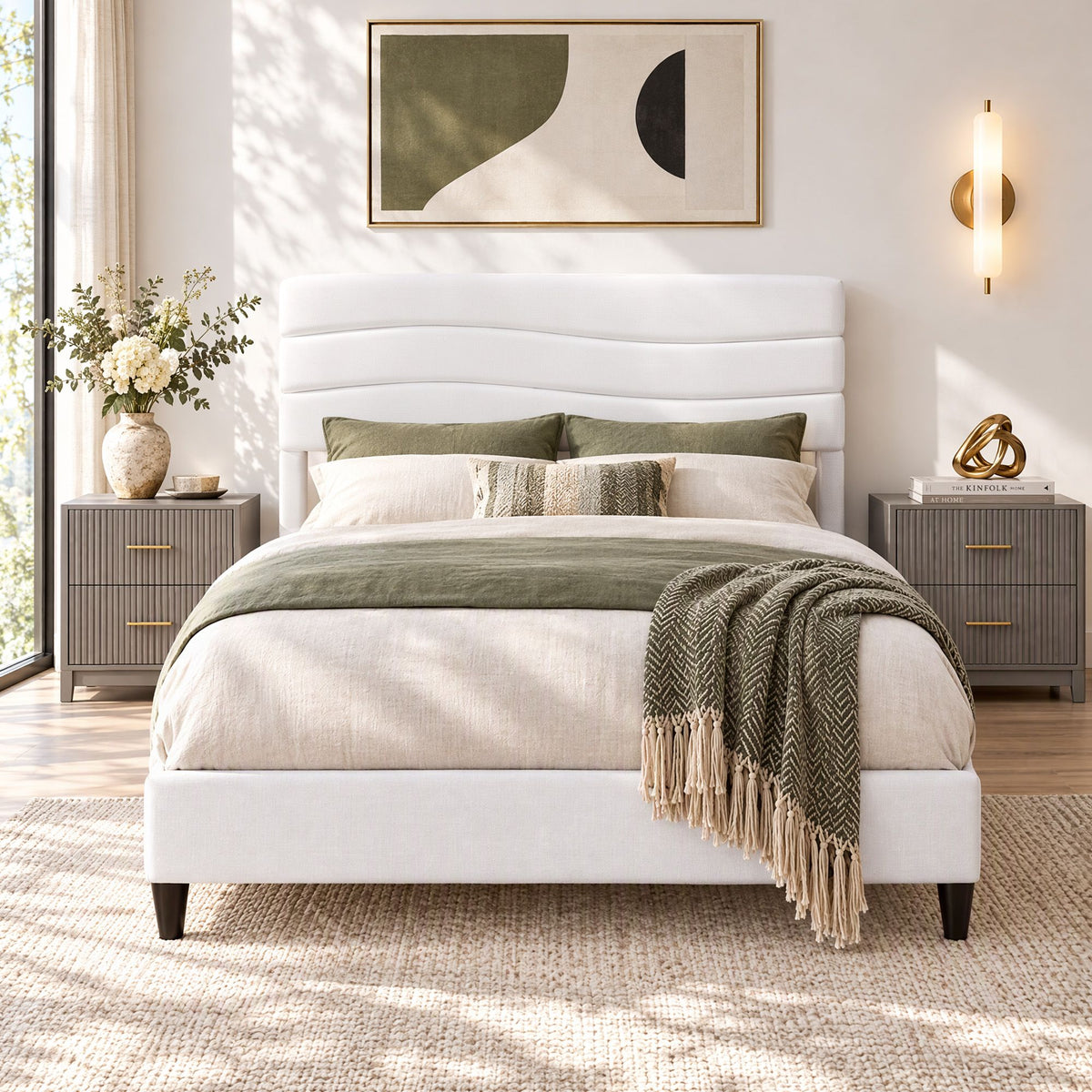 Artiss Double Bed Frame with Adjustable Headboard Platform Base Linen Fabric Charging Ports