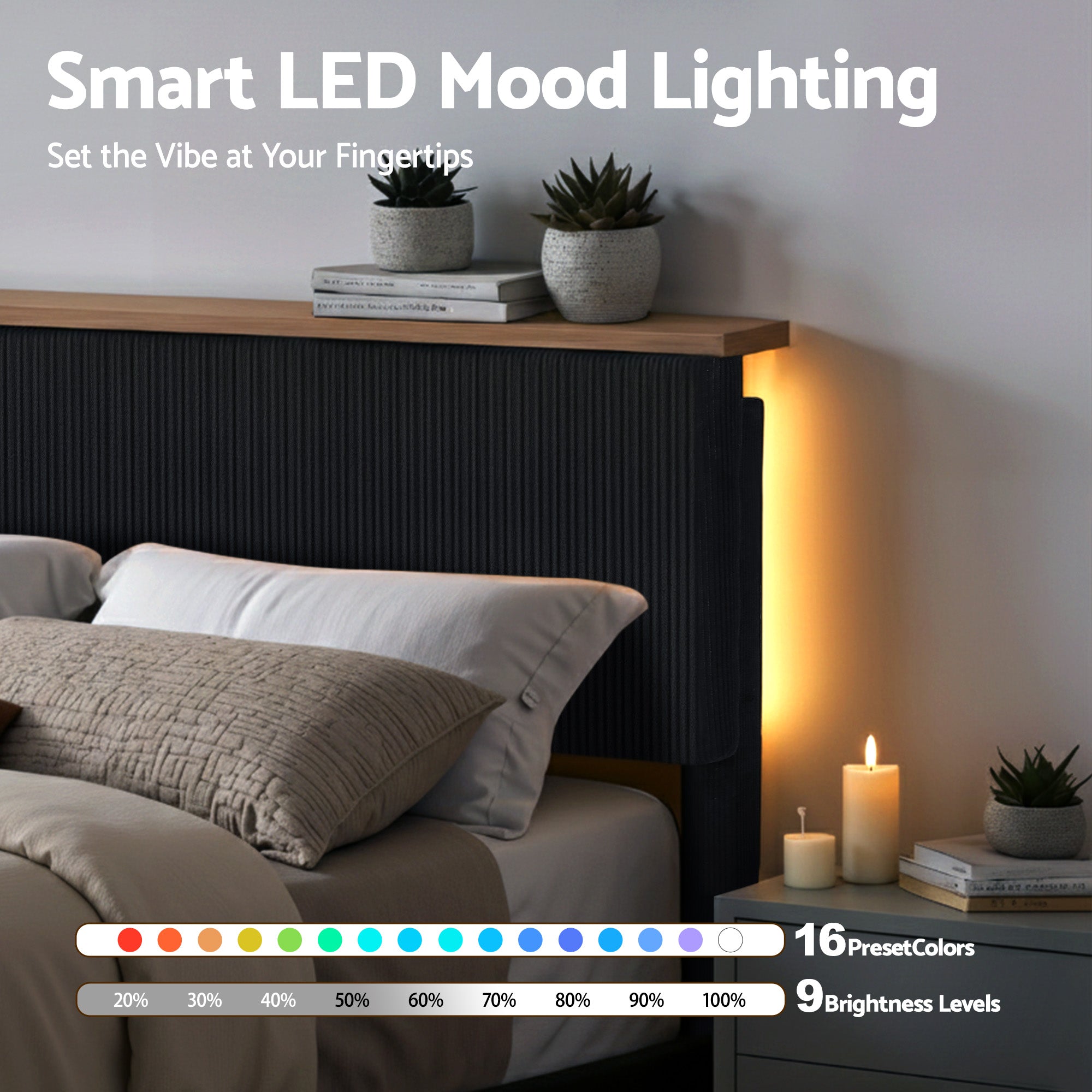 Artiss Double Bed Frame Upholstered Adjustable Headboard Mood Lighting Heavy Duty Black Velvet