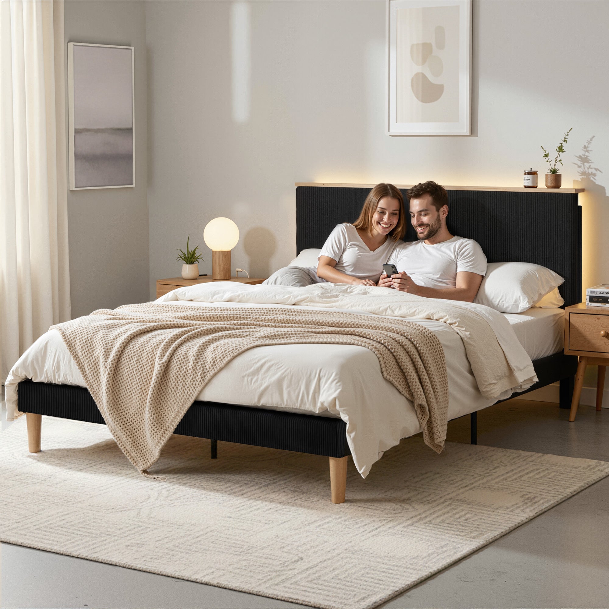 Artiss Double Bed Frame Upholstered Adjustable Headboard Mood Lighting Heavy Duty Black Velvet