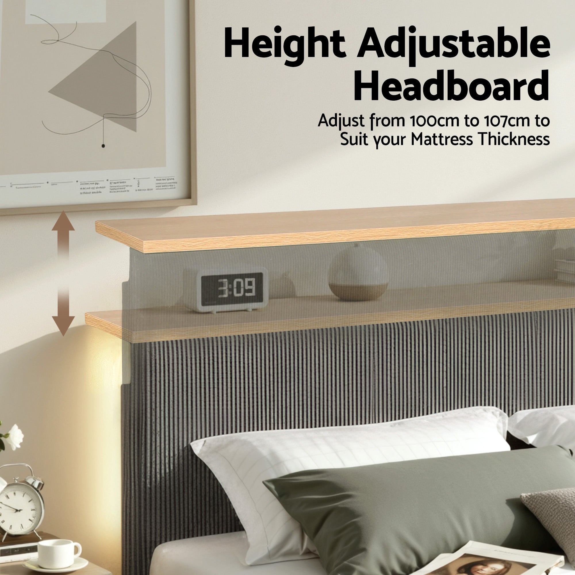 Artiss Double Bed Frame Upholstered Adjustable Headboard Mood Lighting Heavy Duty Grey Velvet