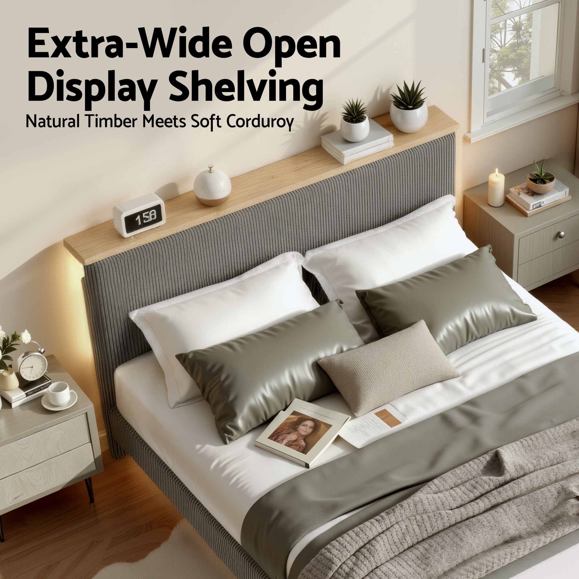 Artiss Double Bed Frame Upholstered Adjustable Headboard Mood Lighting Heavy Duty Grey Velvet