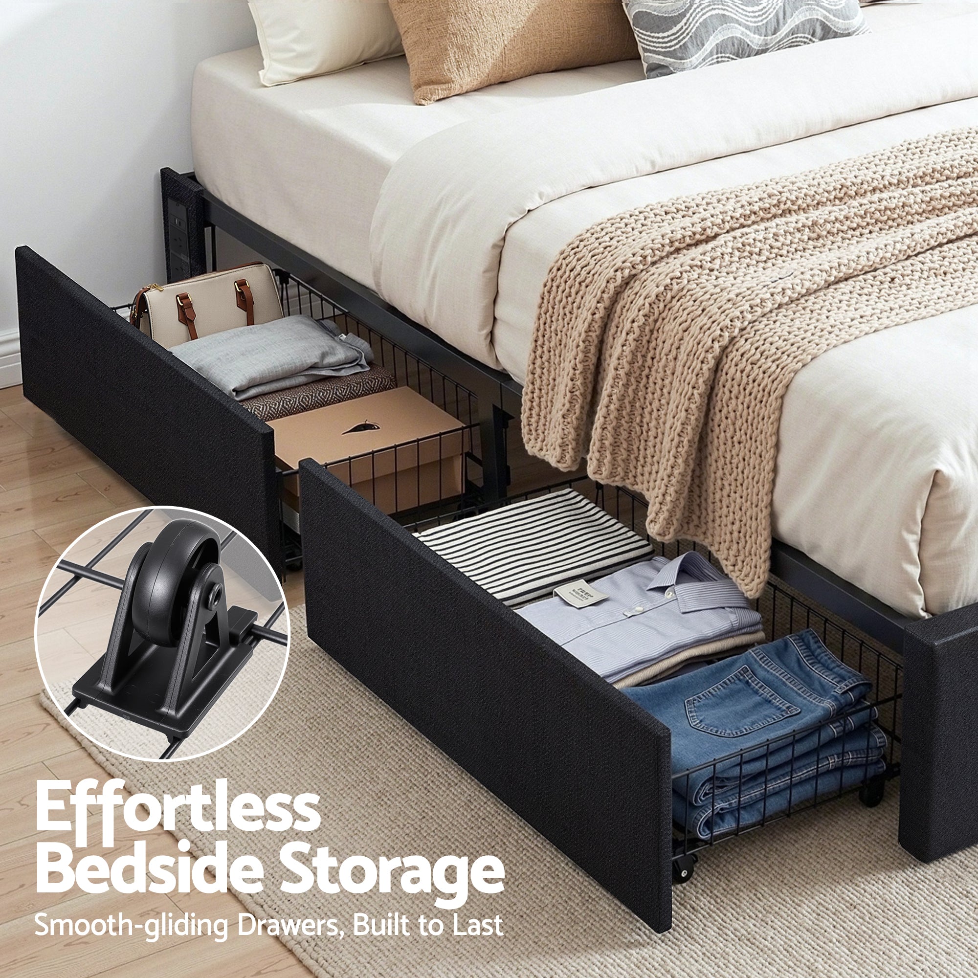 Artiss Double Bed Frame with Storage Drawers RGB Lights Charging Station Upholstered Fabric