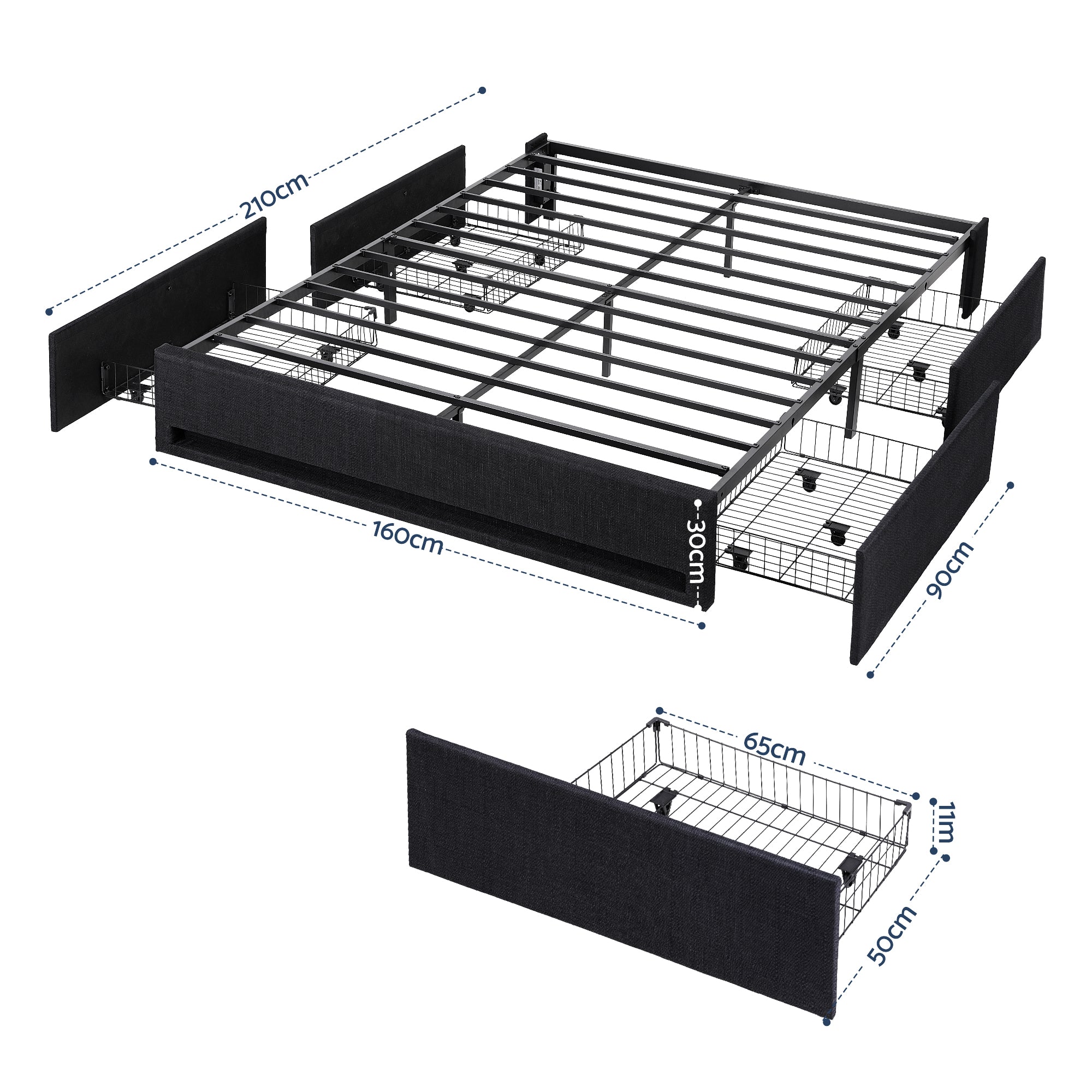 Artiss Queen Bed Frame with Storage Drawers RGB Lights Charging Station Upholstered Fabric
