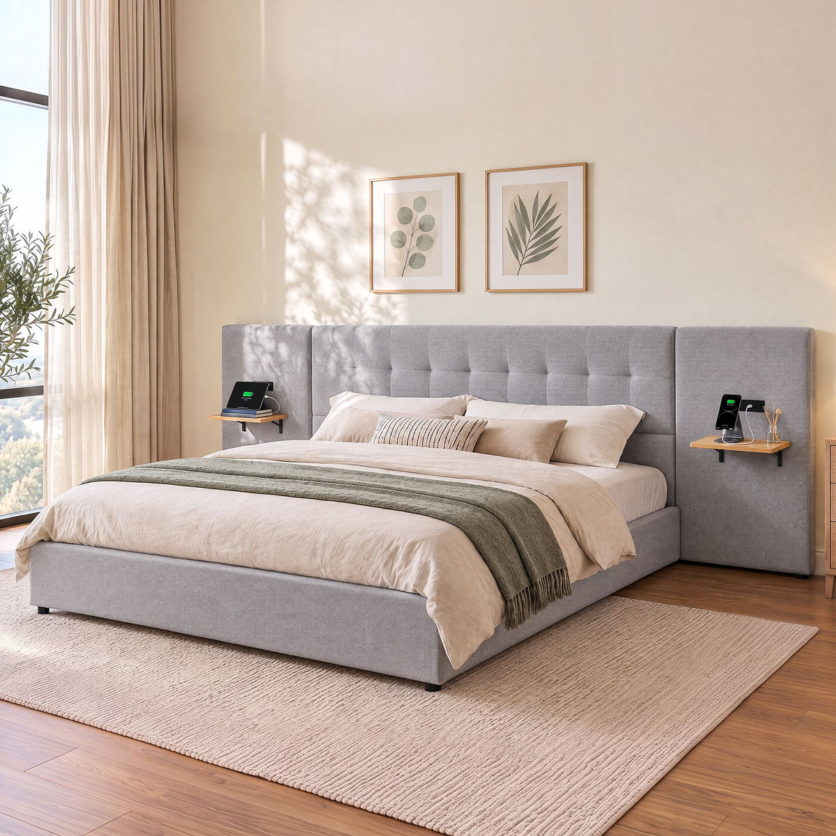 Artiss King Bed Frame with Wide Headboard, Floating Shelves and USB Grey