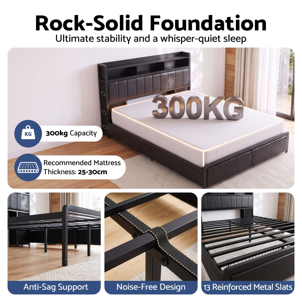Artiss King Bed Frame with Storage Headboard, 2 Drawers, Charging Station & LED Light