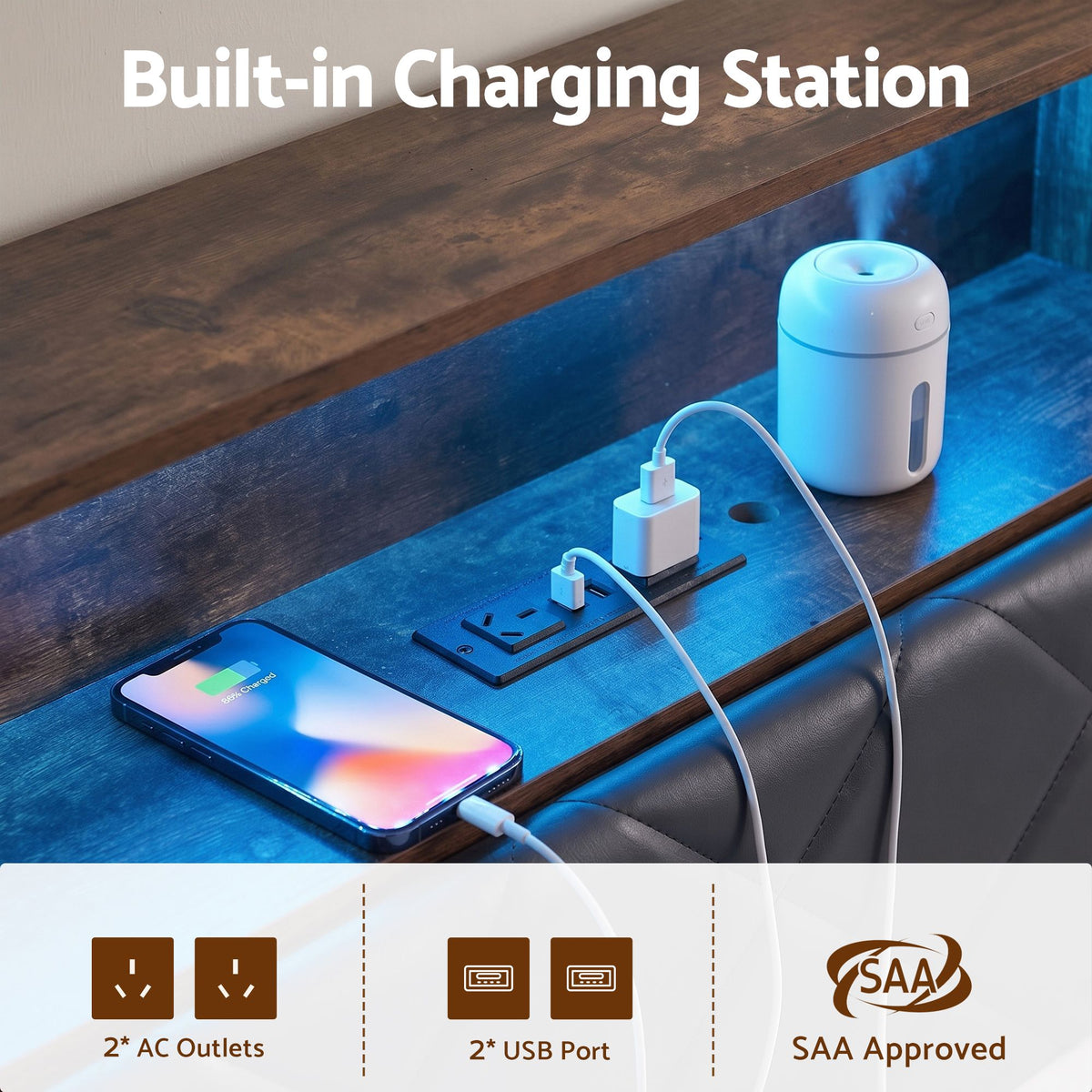 Artiss King Bed Frame with LED Lights and Storage Headboard Charging Station