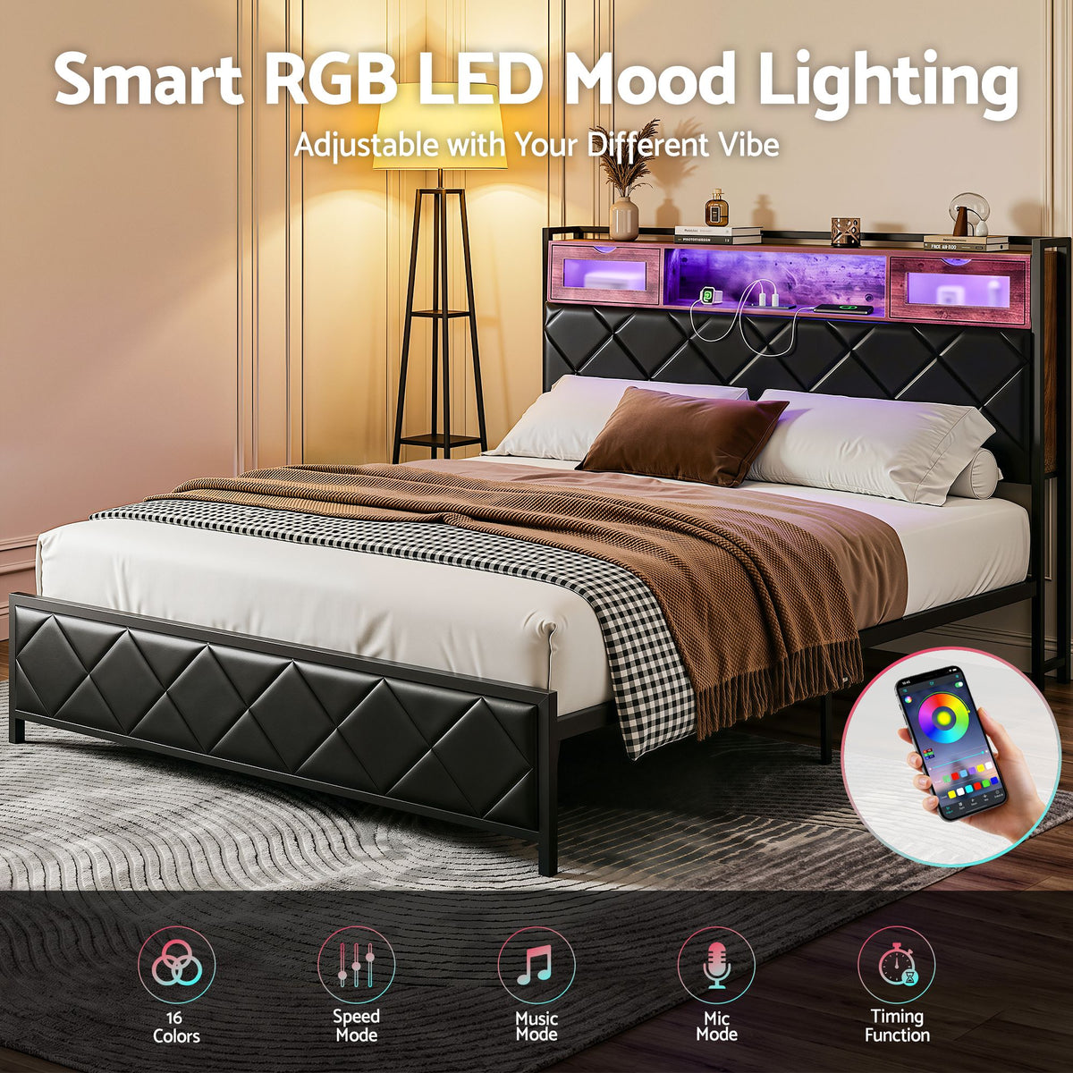 Artiss Queen Bed Frame with LED Lights and Storage Headboard Charging Station