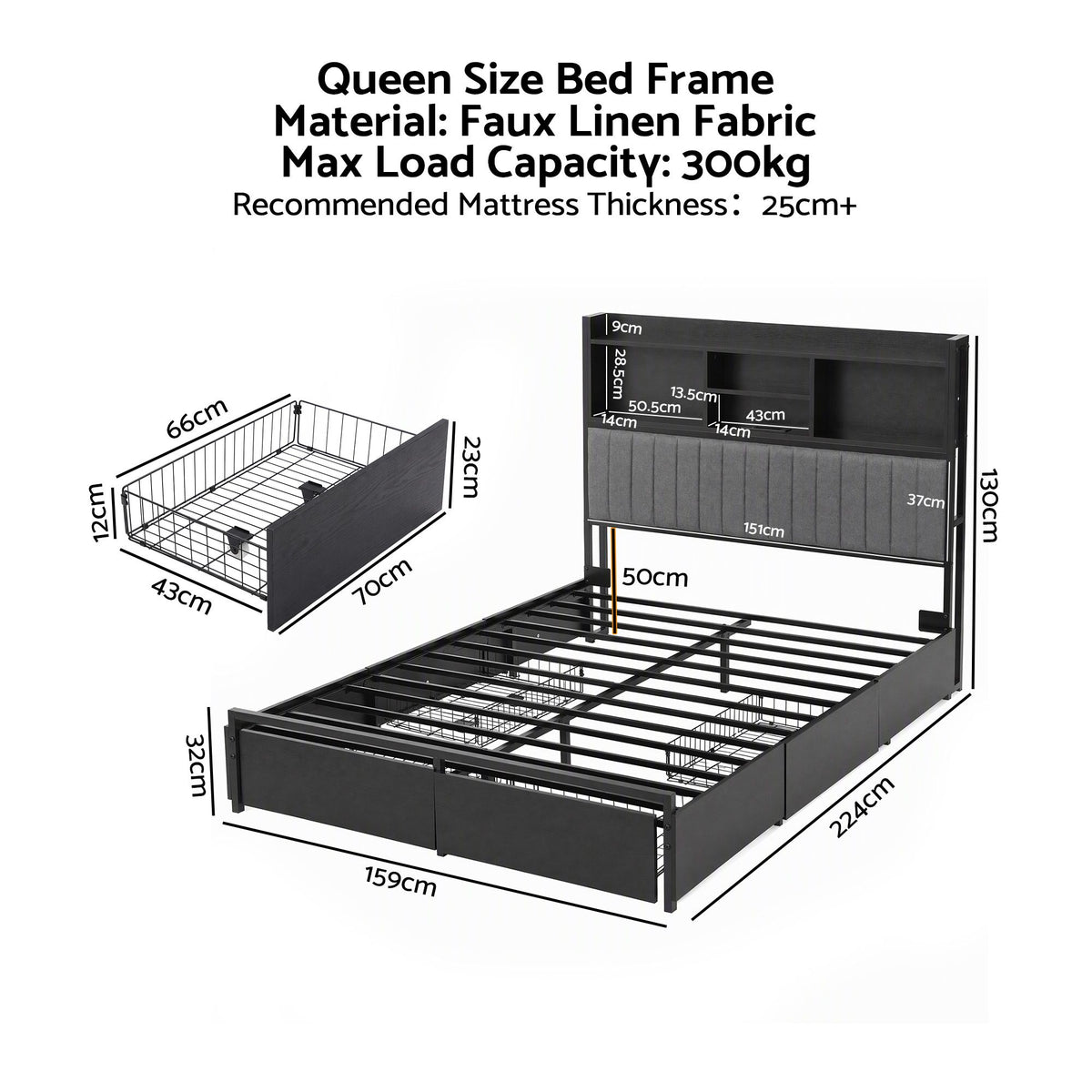Artiss Queen Bed Frame with Storage, 4 Drawers and Charging Station