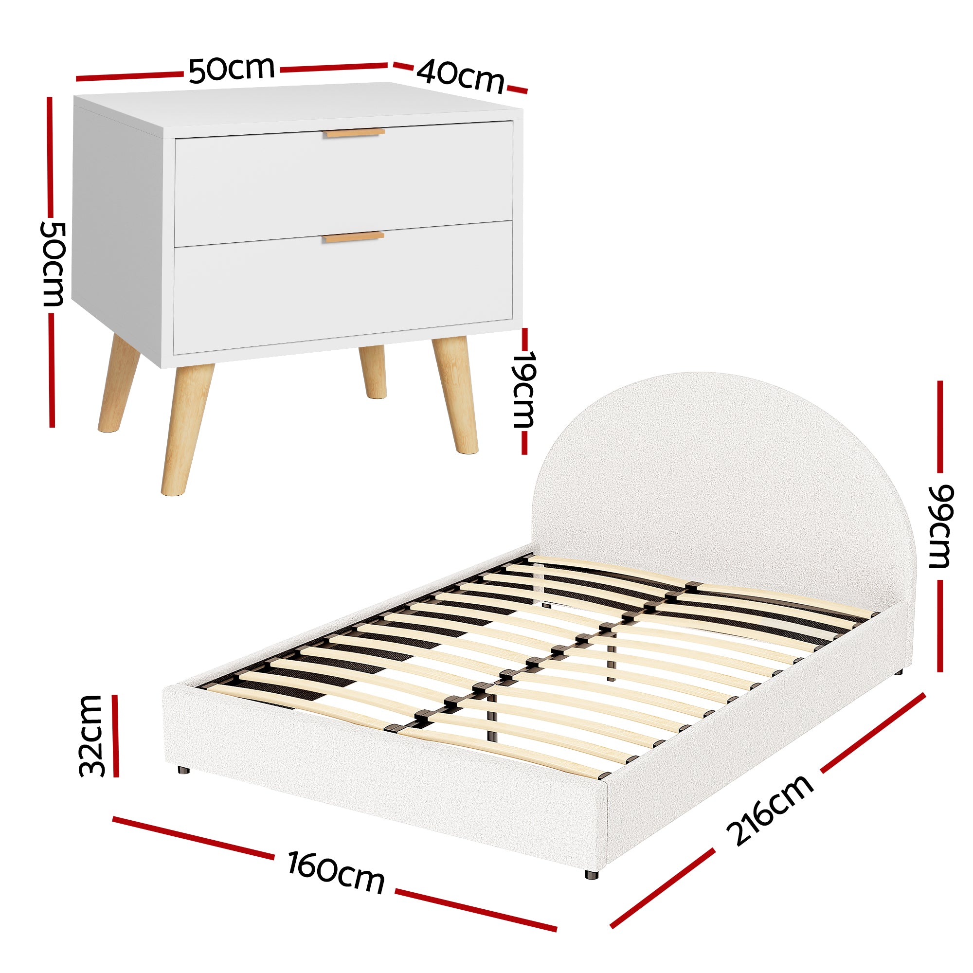 Artiss Queen Bed Frame Bedside Table Set Gas Lift Storage Base with Boucle Fabric Upholstered Headboard 2 Drawer Nightstand for Bedroom Furniture