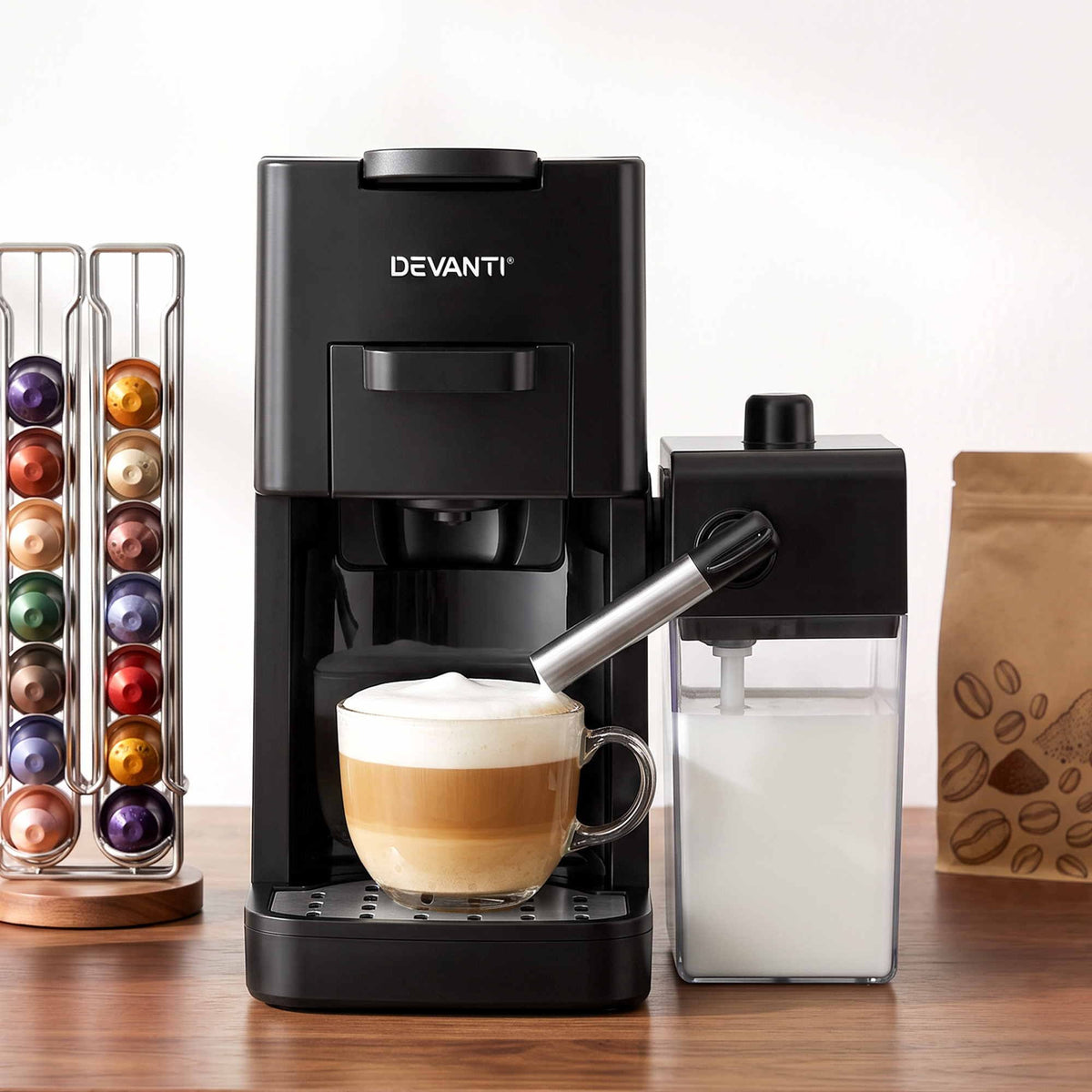 Devanti Capsule Coffee Pod Machine with Milk Frother, Black