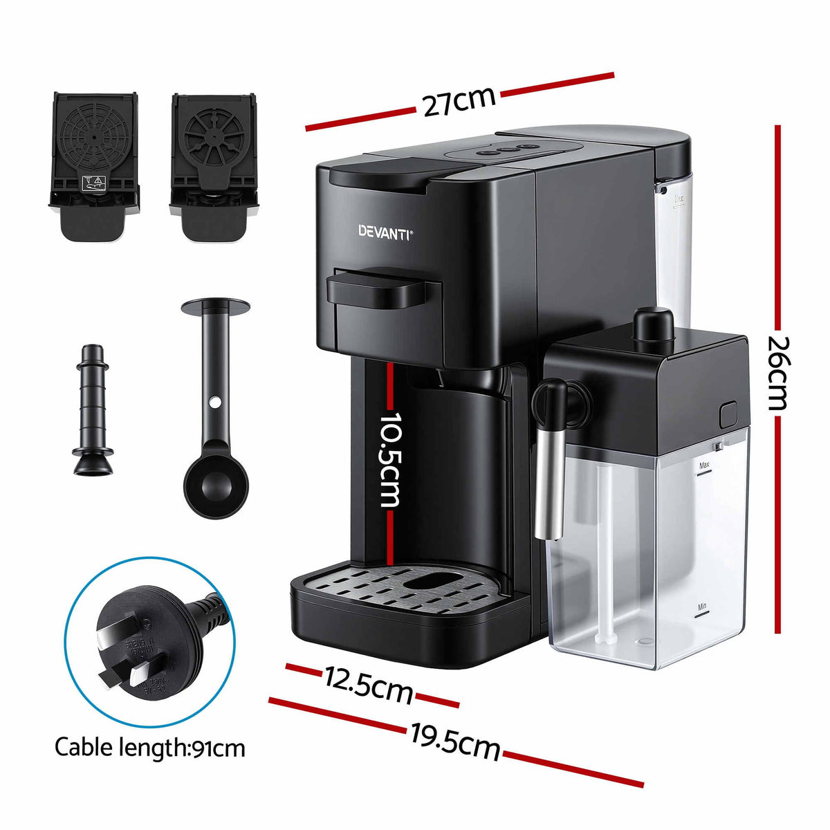 Devanti Capsule Coffee Pod Machine with Milk Frother, Black