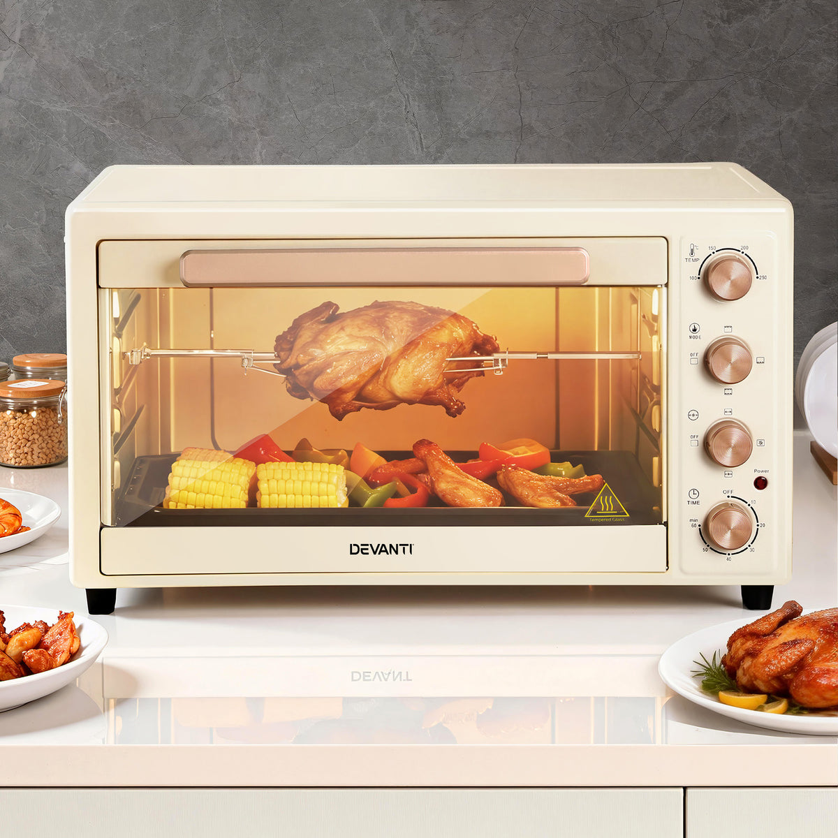Devanti 60L Convection Oven Electric Fryer Ovens 2000W Cream