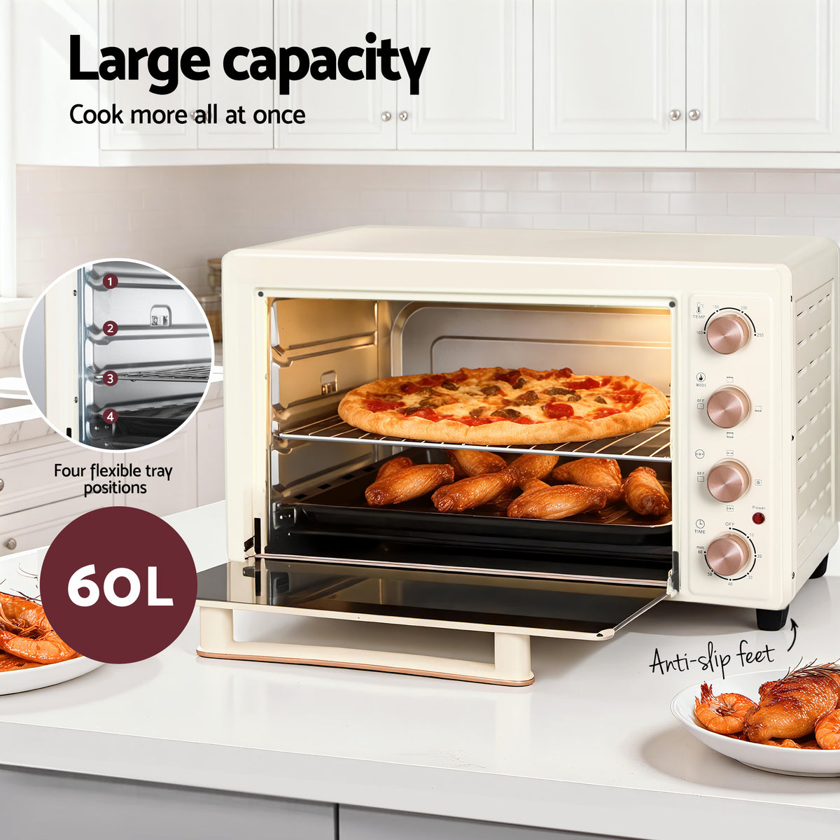Devanti 60L Convection Oven Electric Fryer Ovens 2000W Cream