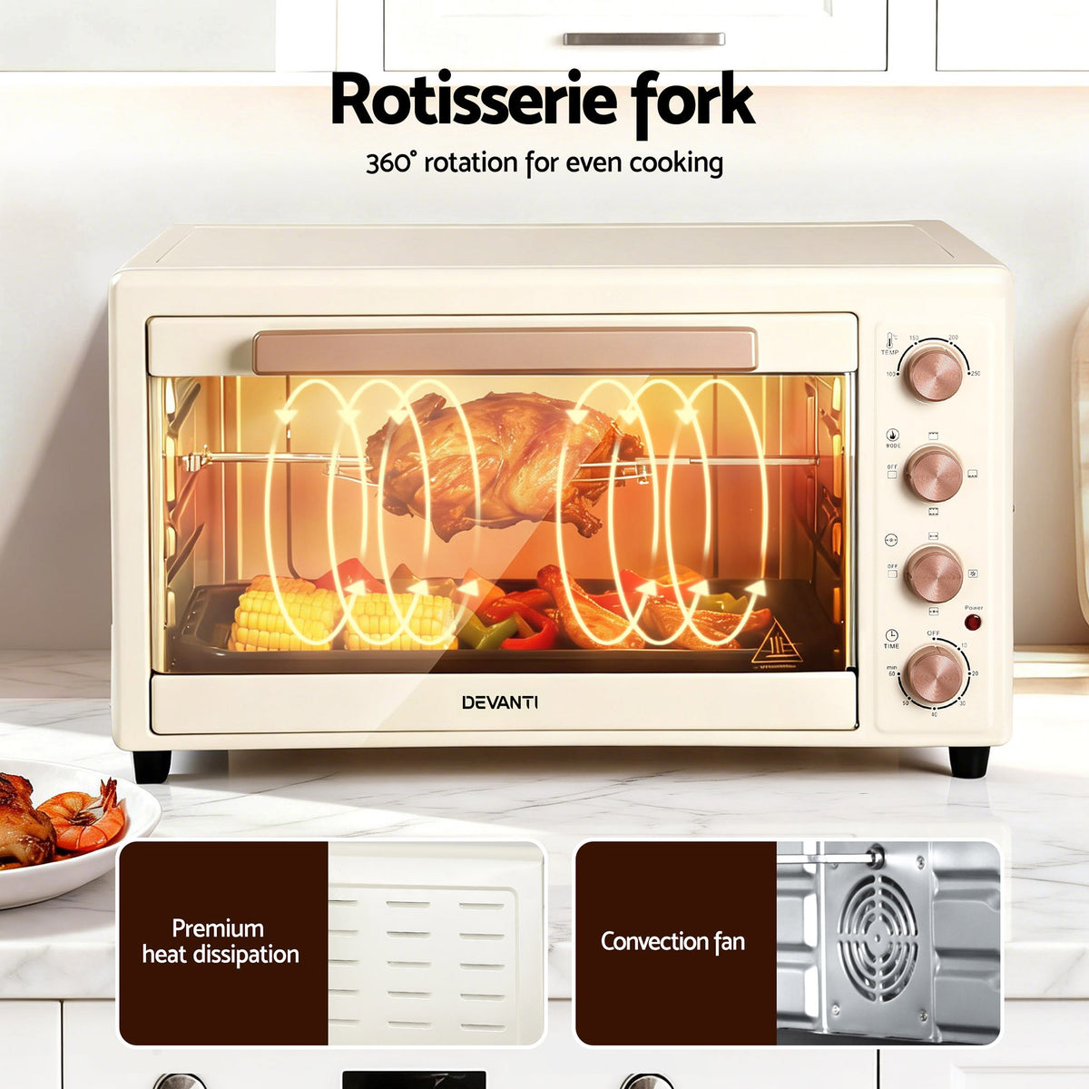 Devanti 60L Convection Oven Electric Fryer Ovens 2000W Cream