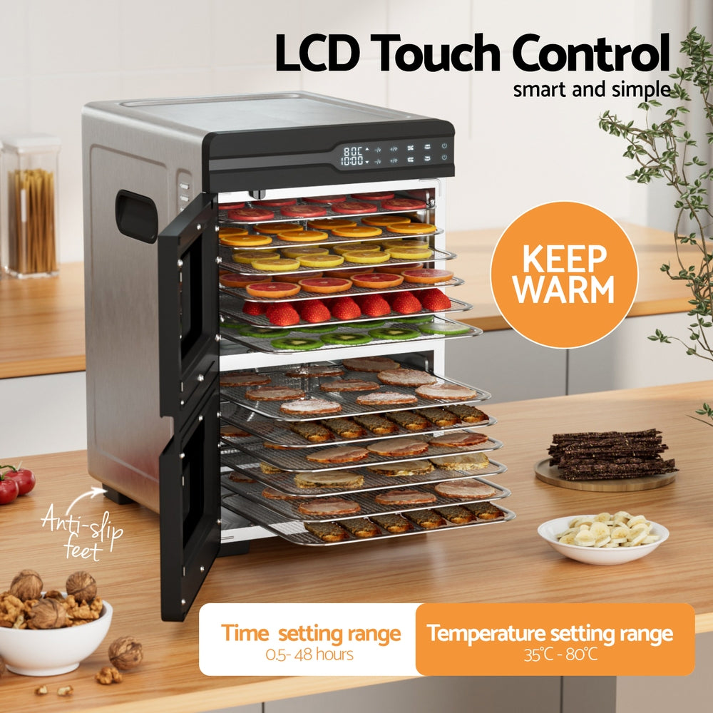 Devanti 12 Trays Food Dehydrator Dual-Zone Stainless Steel Fruit Jerky Dryer