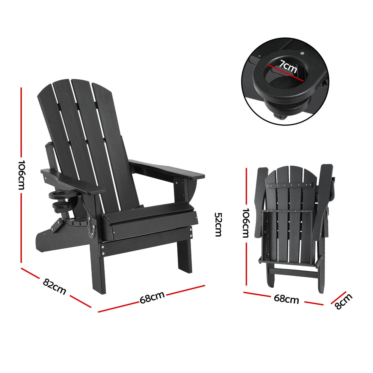 Gardeon Outdoor Chairs Folding Adirondack Beach Chair HDPE Sun Lounge Patio Furniture Garden Black