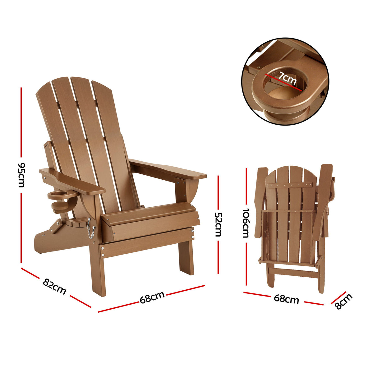 Gardeon Outdoor Chairs Folding Adirondack Beach Chair HDPE Sun Lounge Patio Furniture Garden Brown