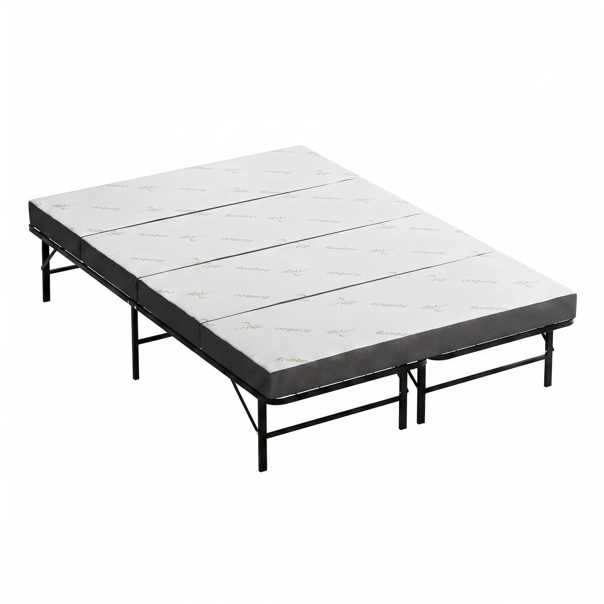 Giselle Queen Folding Bed with Mattress 4 Fold Metal Frame Guest Bed Bamboo Cover