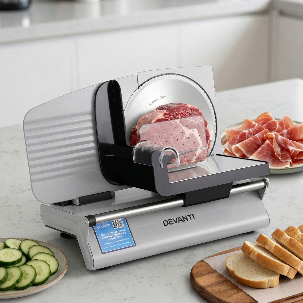 Devanti Meat Slicer Bread Vegetable, 200W Power 0-15mm Adjustable Easy Clean Stable Stainless Steel Blade Food Slicer for Kitchen Commercial, Silver