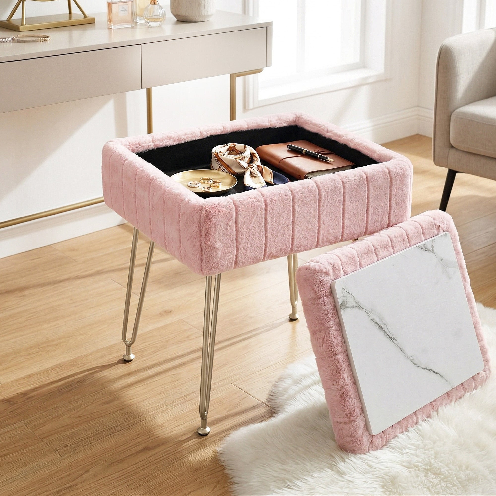 Artiss Storage Ottoman Vanity Foot Stool Pink