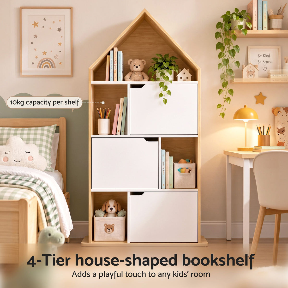 Artiss House Bookshelf 4 Tier Kids Storage Cabinet Shelf Unit White Pine