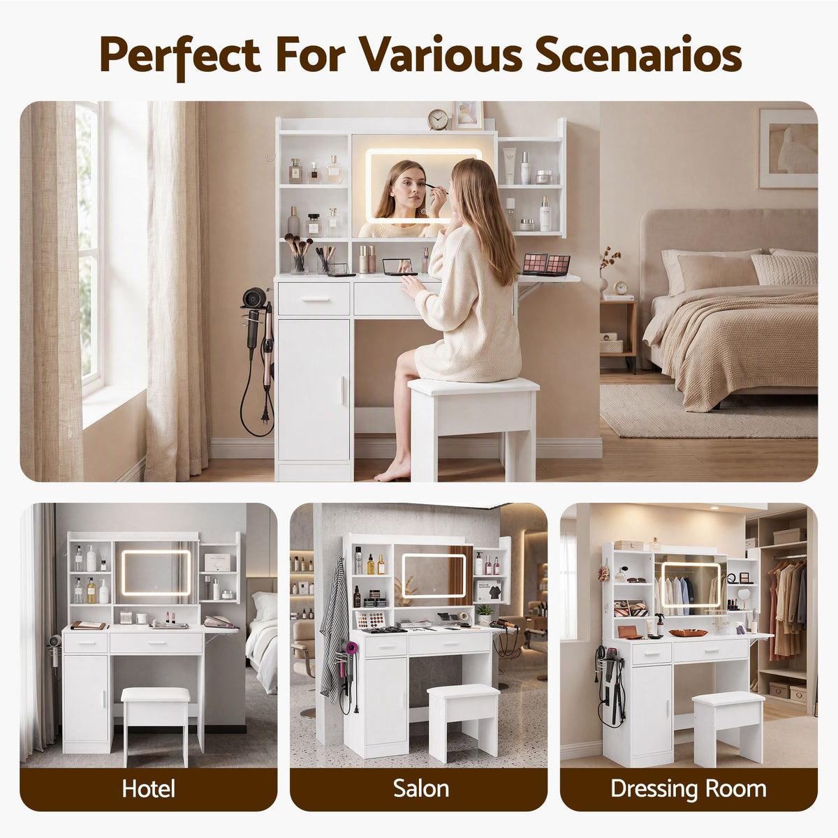 Artiss Dressing Table Vanity Desk Set Stool LED Charging Station White