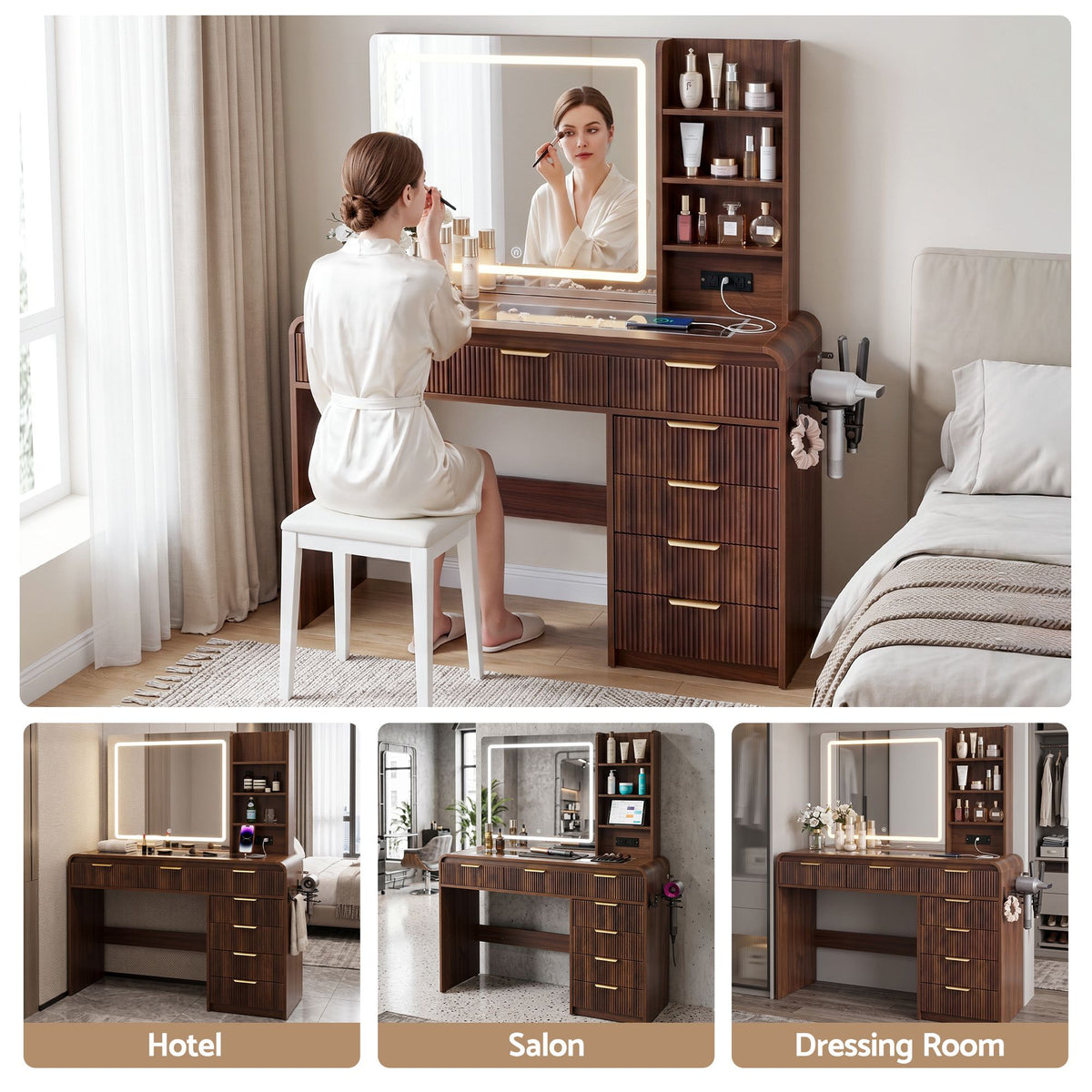 Artiss Dressing Table Vanity Desk LED Lighted Mirror Glass Top 7 Fluted Drawers 120CM Walnut